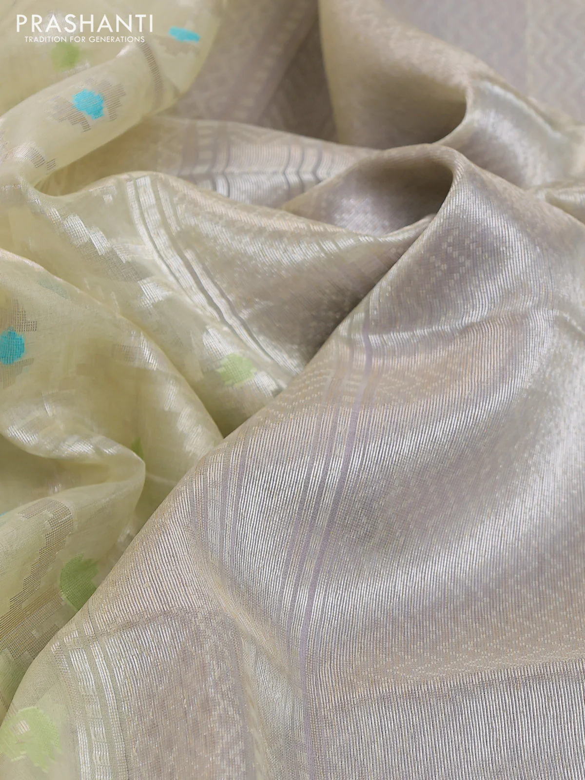 Banarasi Kora silk saree Cream and lavender with allover jamdhani weaving - Image 3