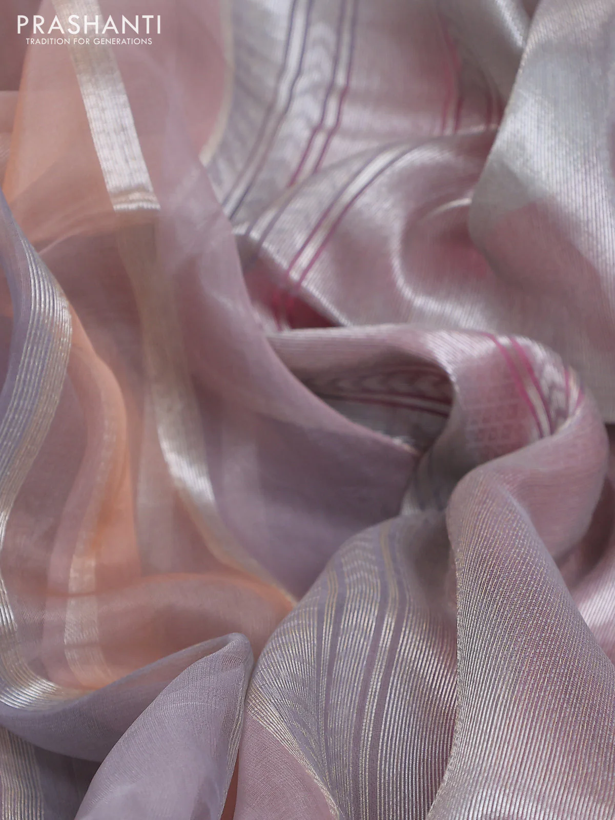Banarasi Kora silk saree grey and peach pink with allover jamdhani weaving - Image 3