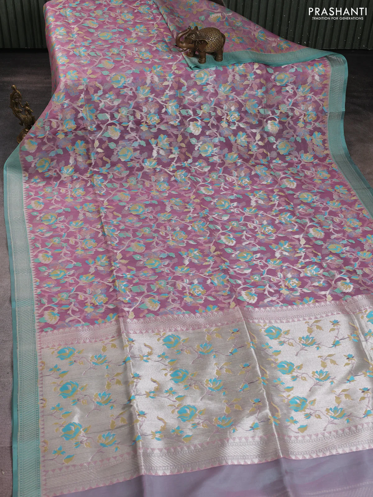 Banarasi Kora silk saree mauve pink and teal blue with allover jamdhani weaving - Image 2