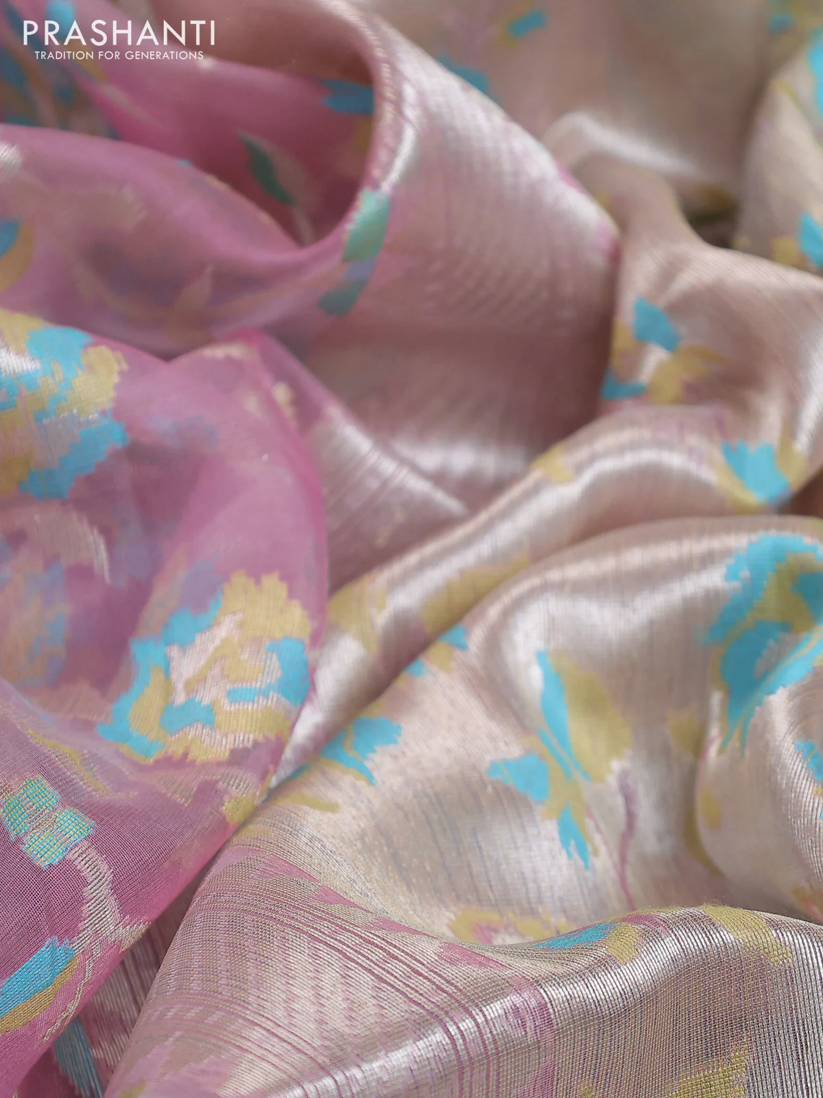 Banarasi Kora silk saree mauve pink and teal blue with allover jamdhani weaving - Image 3