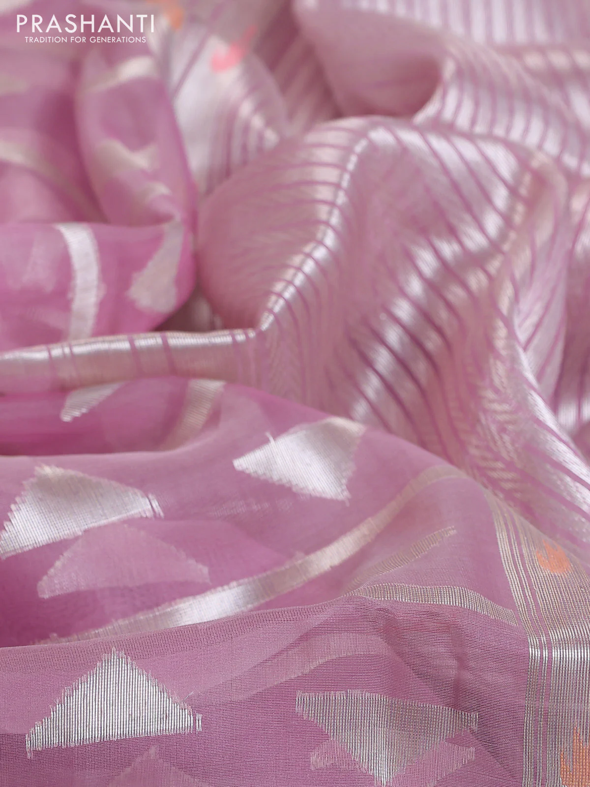Banarasi Kora silk saree mild purple and pastel green with allover jamdhani weaving - Image 3
