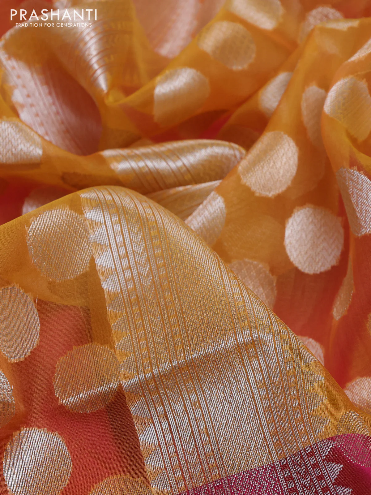 Banarasi Kora silk saree mustard yellow and pink with allover jamdhani weaving - Image 3