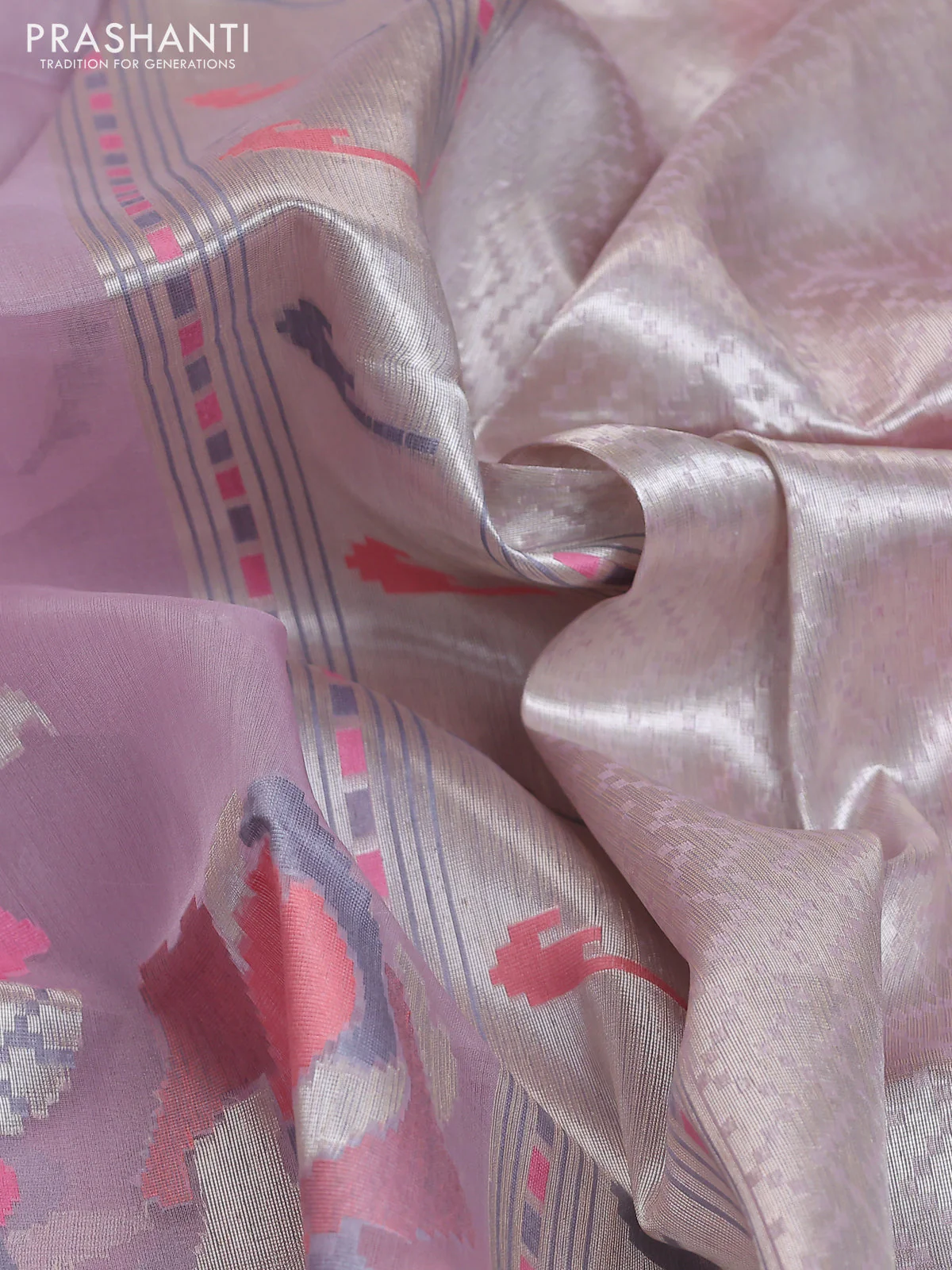 Banarasi Kora silk saree pastel grey and pink shade with allover jamdhani weaving - Image 3