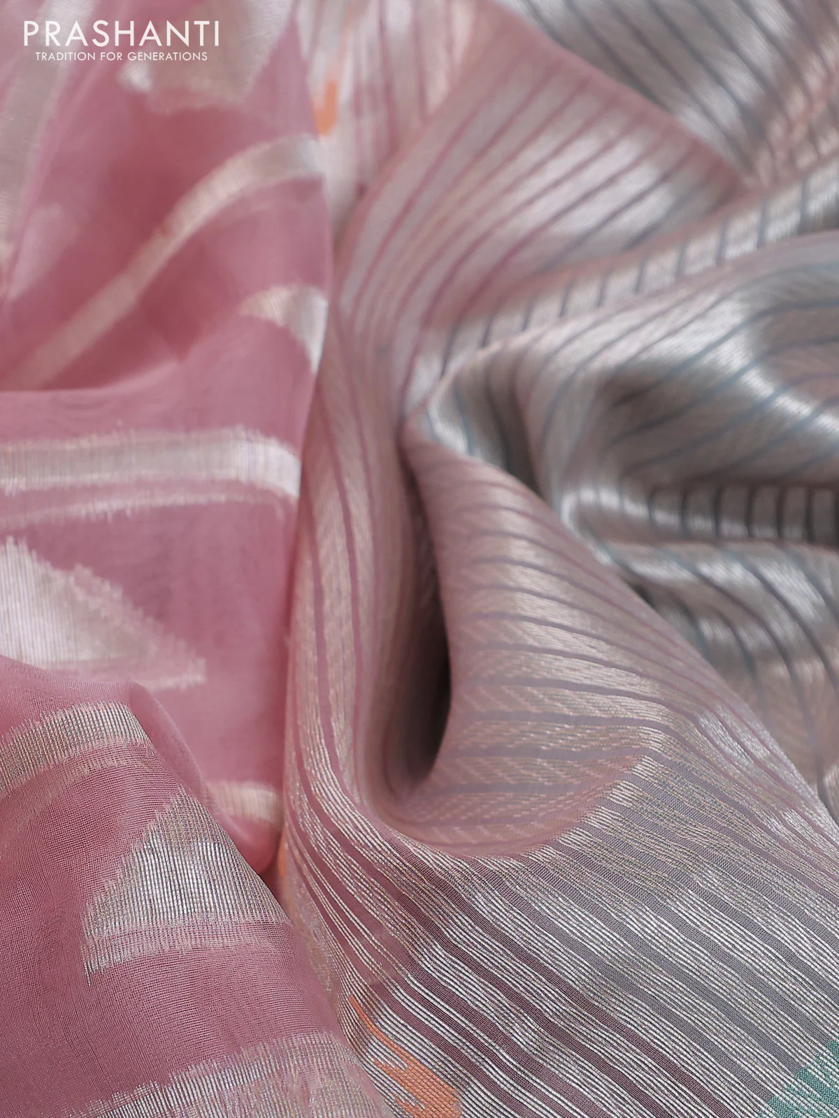 Banarasi Kora silk saree pastel pink and pastel green with allover jamdhani weaving - Image 3