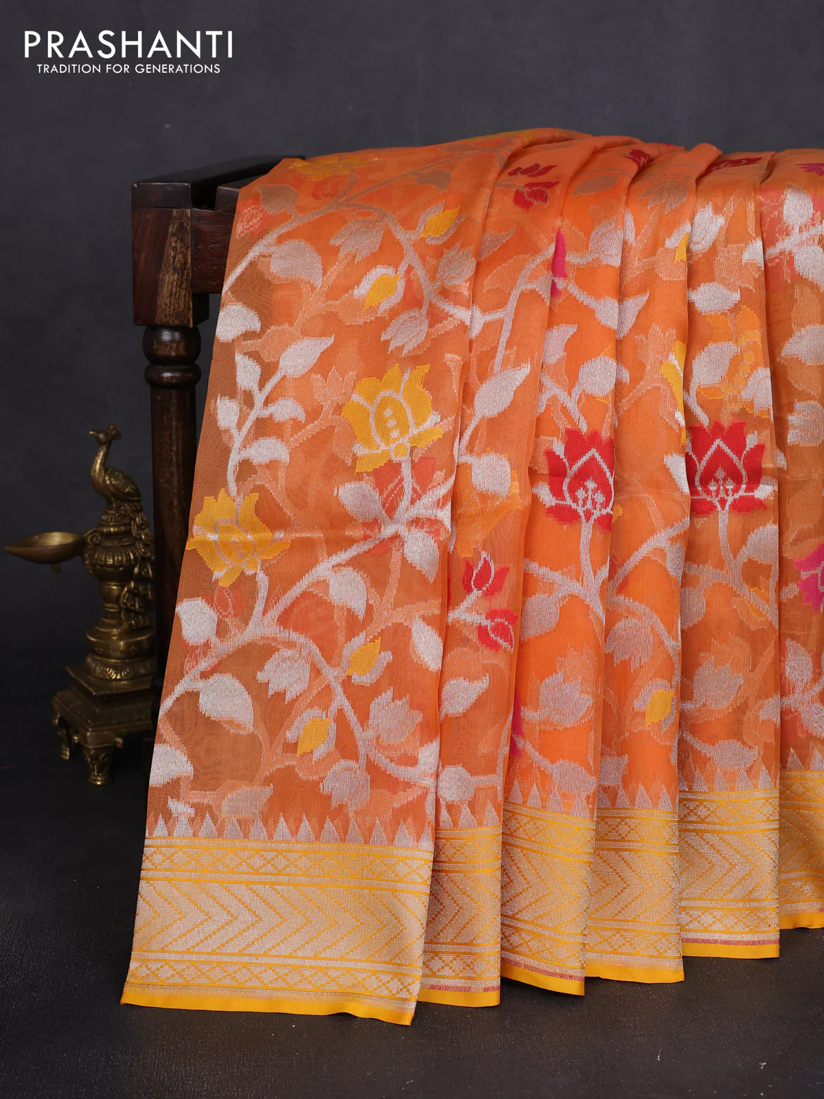 Banarasi Kora silk saree peach orange with allover jamdhani weaving
