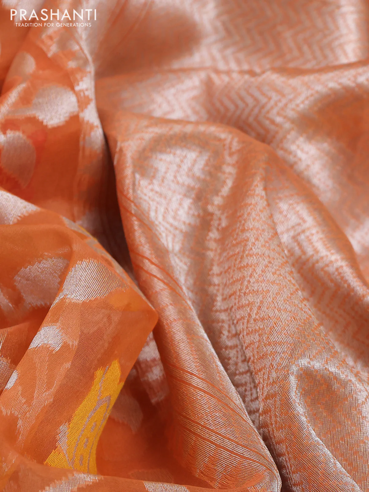 Banarasi Kora silk saree peach orange with allover jamdhani weaving - Image 3