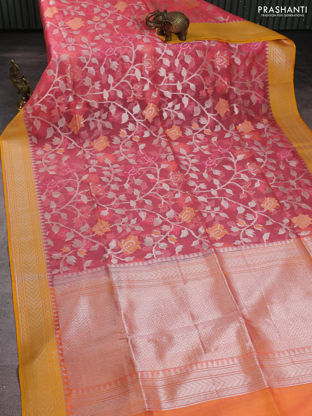 Banarasi Kora silk saree peach pink and mustard yellow with allover jamdhani weaving - Image 2
