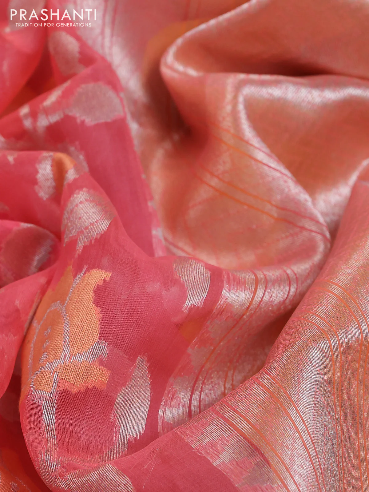 Banarasi Kora silk saree peach pink and mustard yellow with allover jamdhani weaving - Image 3