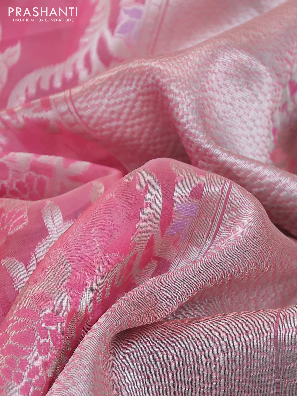 Banarasi Kora silk saree peach pink and teal green shade with allover jamdhani weaving - Image 3