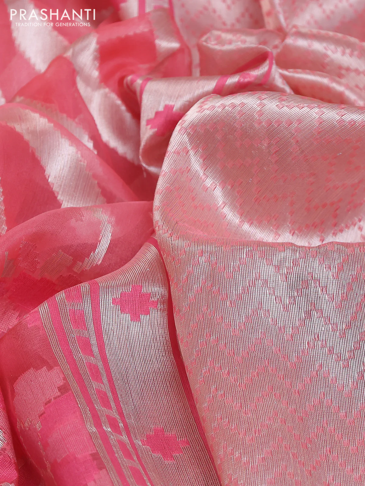 Banarasi Kora silk saree peach shade and yellow with allover jamdhani weaving - Image 3