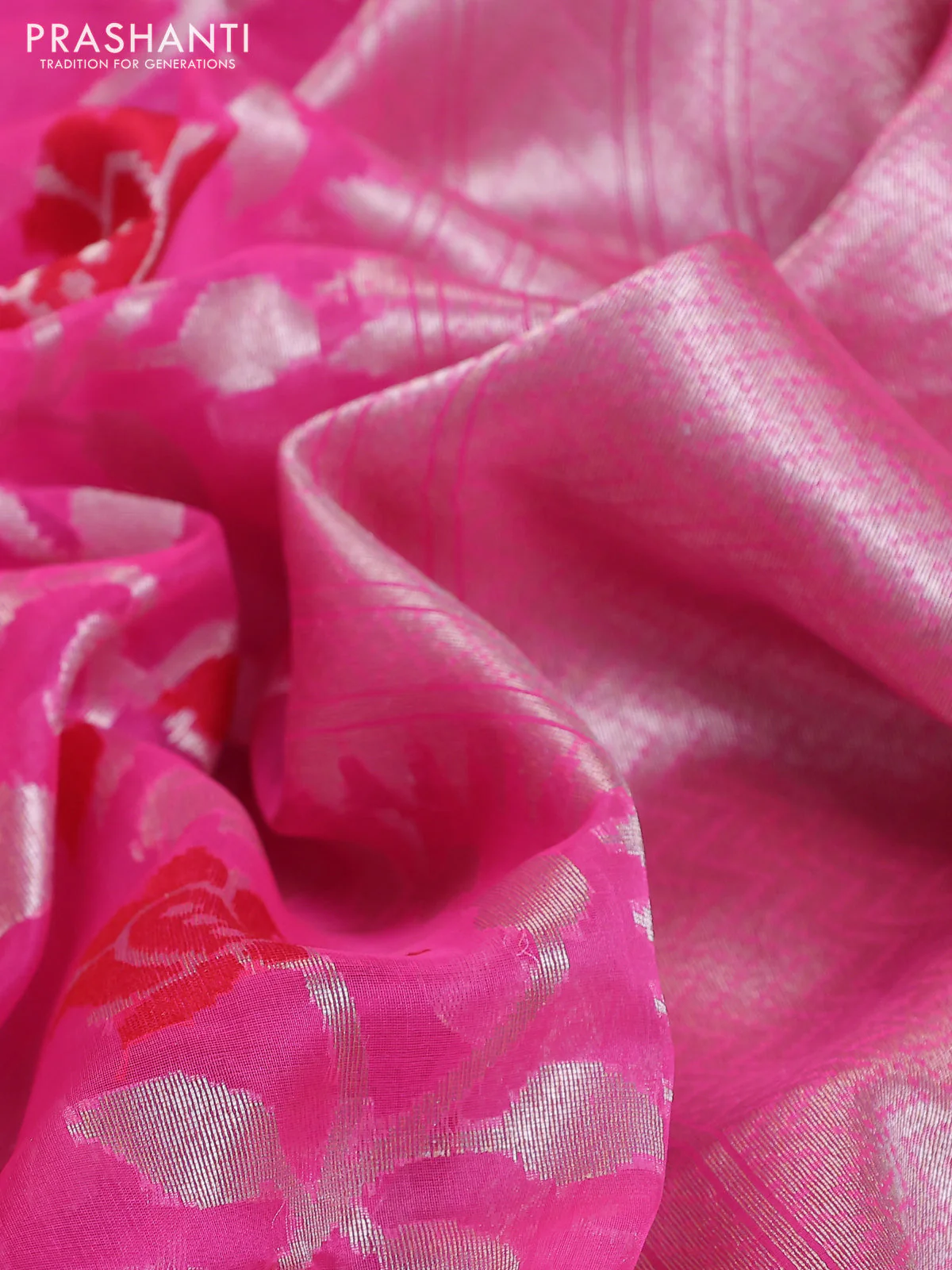 Banarasi Kora silk saree pink and mustard yellow with allover jamdhani weaving - Image 3