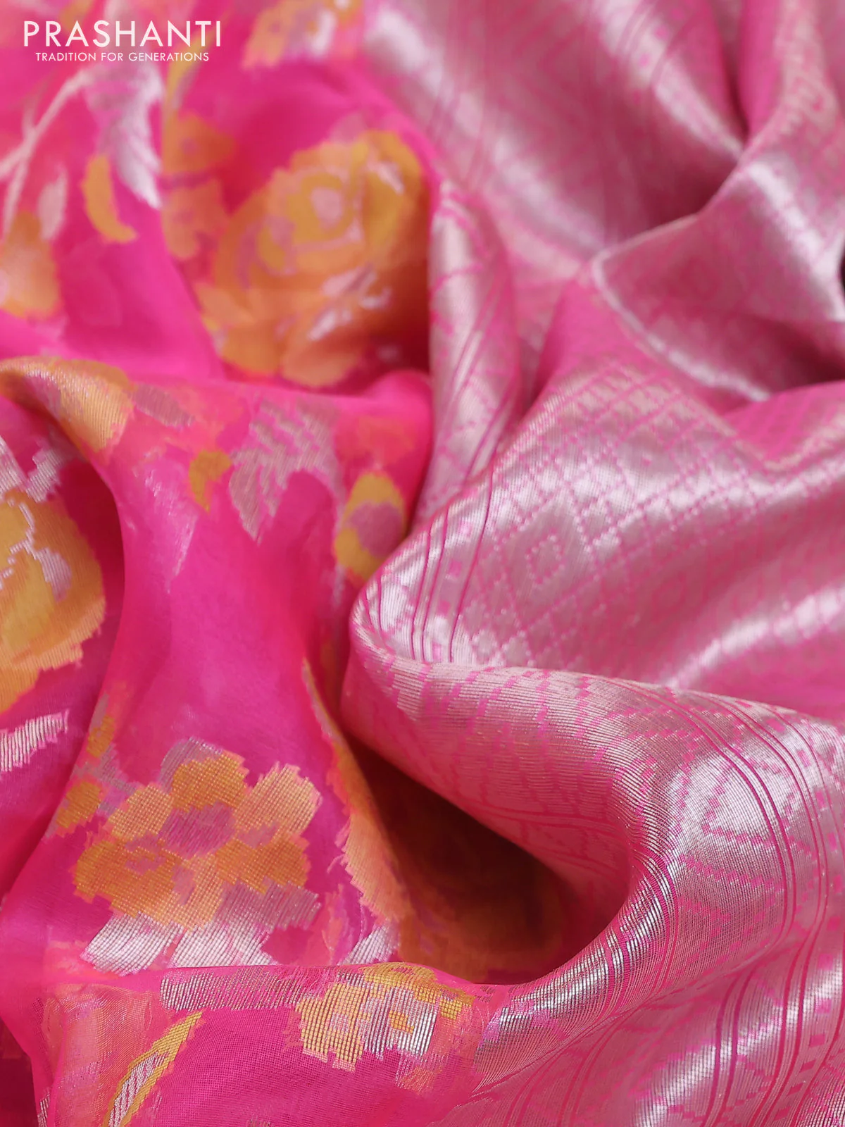 Banarasi Kora silk saree pink with allover jamdhani weaving - Image 3