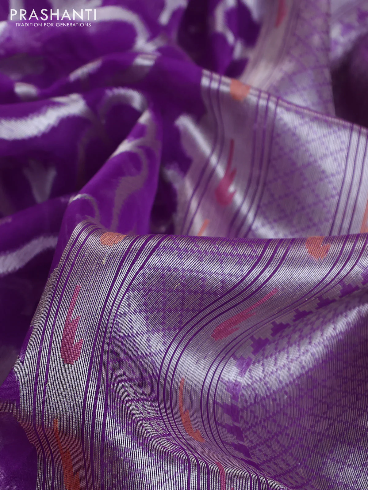 Banarasi Kora silk saree violet and red with allover jamdhani weaving - Image 3