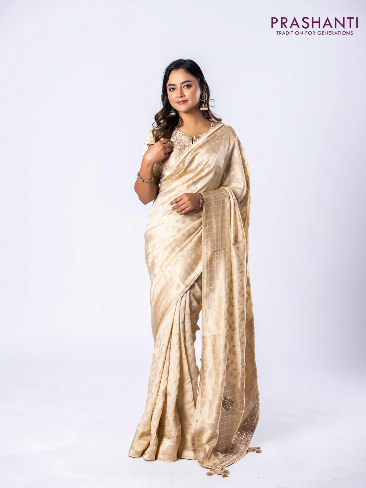 Banarasi munga silk saree cream with allover silver & gold zari weaves and zari woven lace border - Image 2