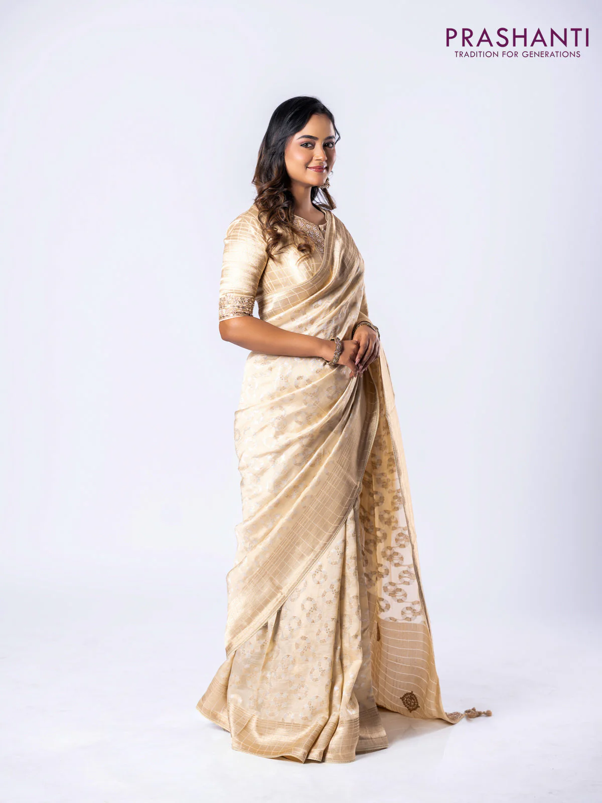 Banarasi munga silk saree cream with allover silver & gold zari weaves and zari woven lace border - Image 3
