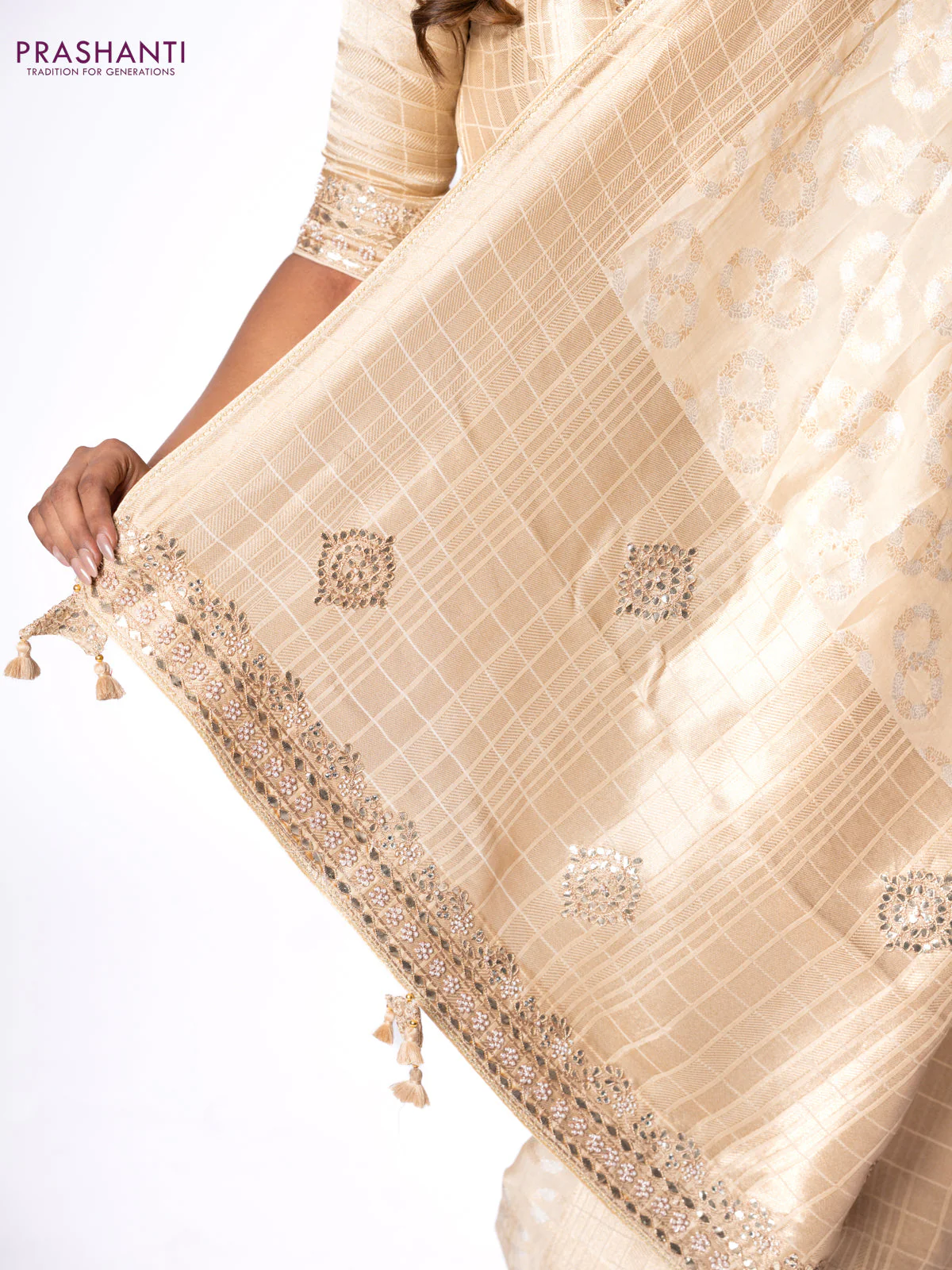 Banarasi munga silk saree cream with allover silver & gold zari weaves and zari woven lace border - Image 7