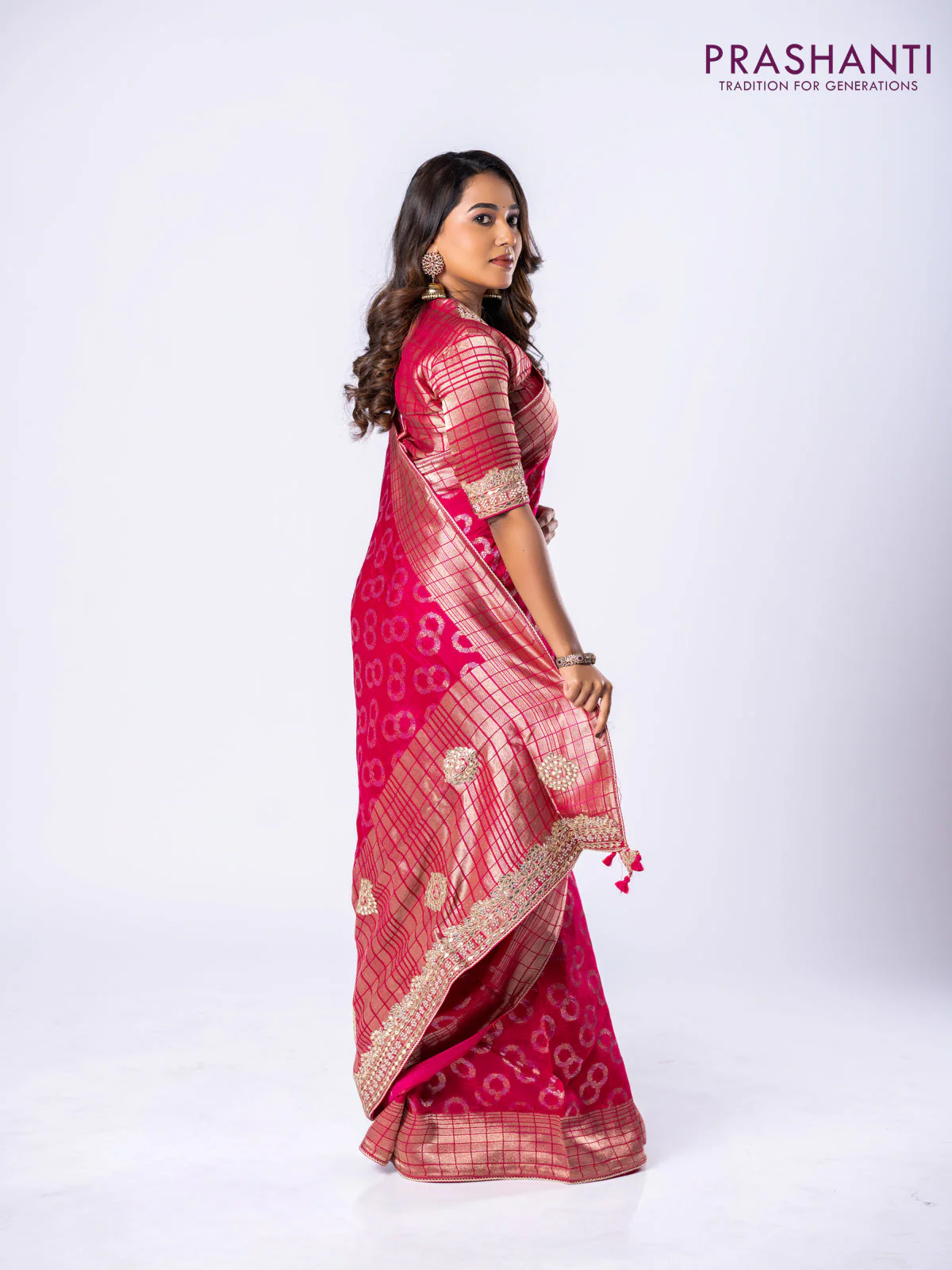 Banarasi munga silk saree pink with allover silver & gold zari weaves and zari woven lace border - Image 2
