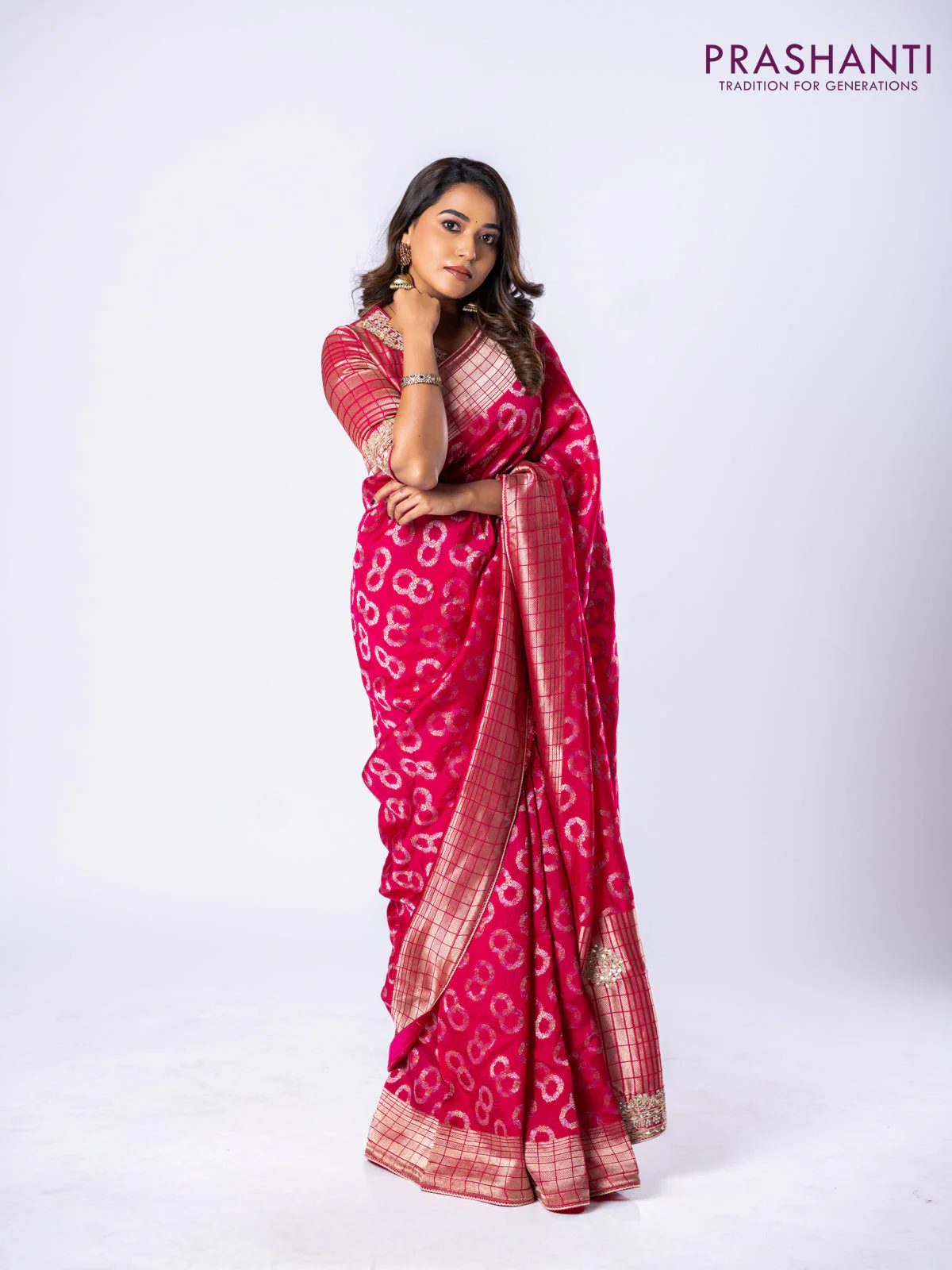 Banarasi munga silk saree pink with allover silver & gold zari weaves and zari woven lace border - Image 3