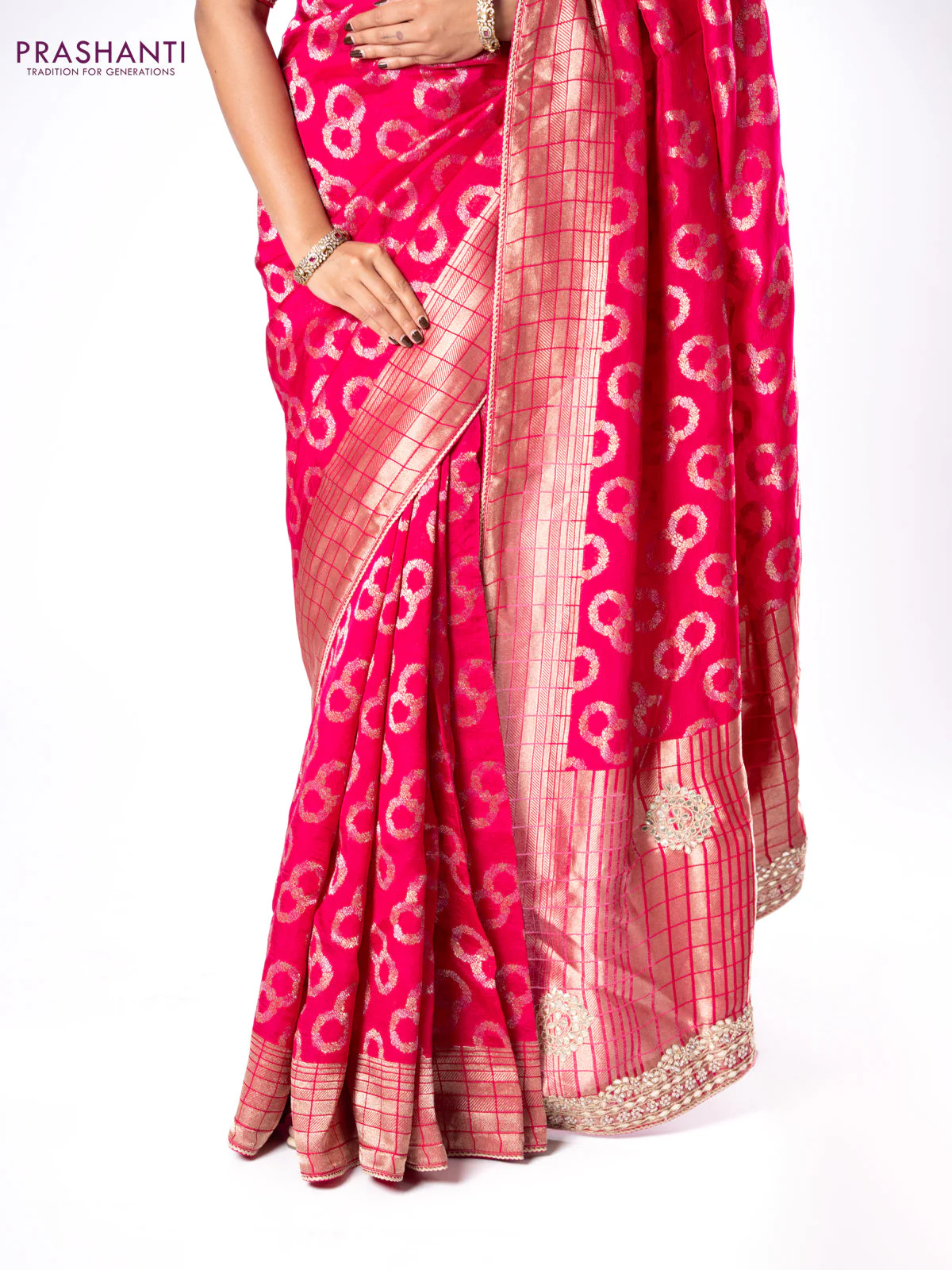 Banarasi munga silk saree pink with allover silver & gold zari weaves and zari woven lace border - Image 6