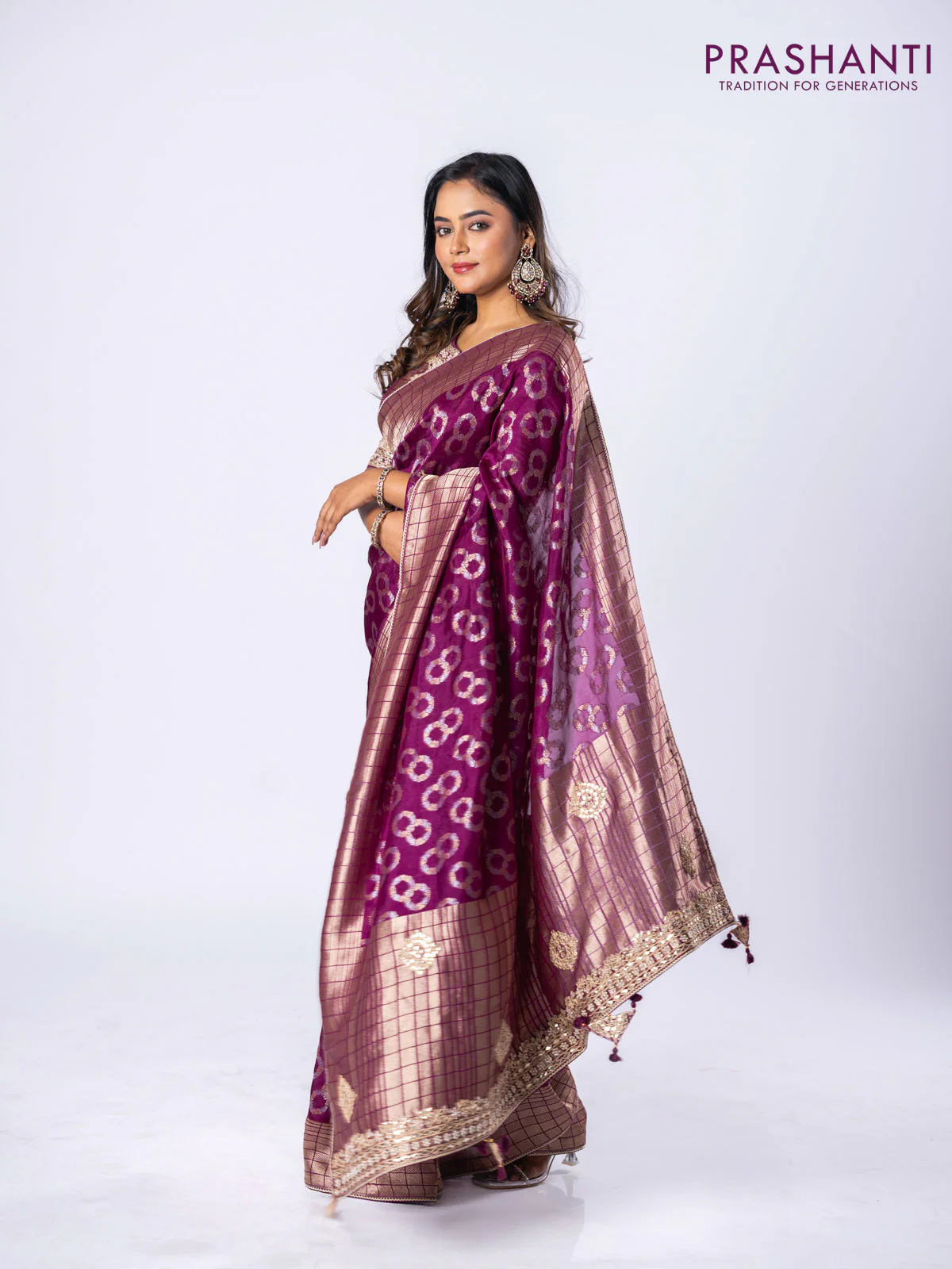 Banarasi munga silk saree purple with allover silver & gold zari weaves and zari woven lace border - Image 2