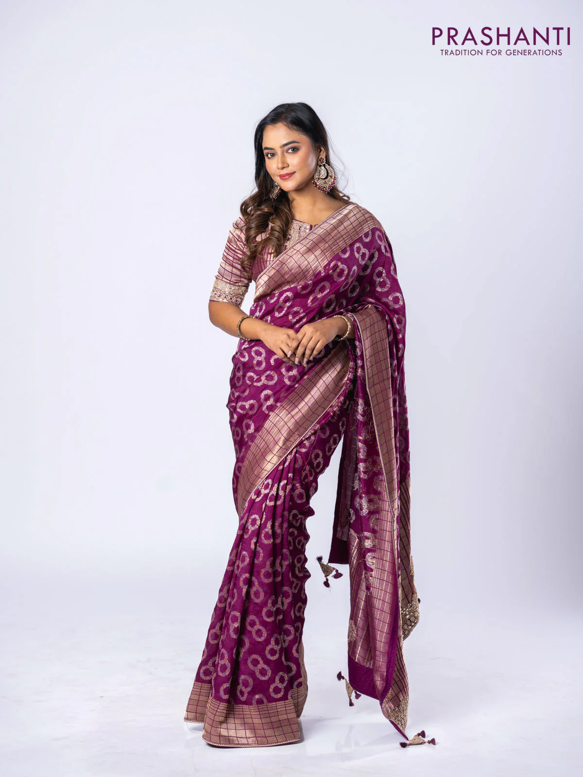 Banarasi munga silk saree purple with allover silver & gold zari weaves and zari woven lace border - Image 3