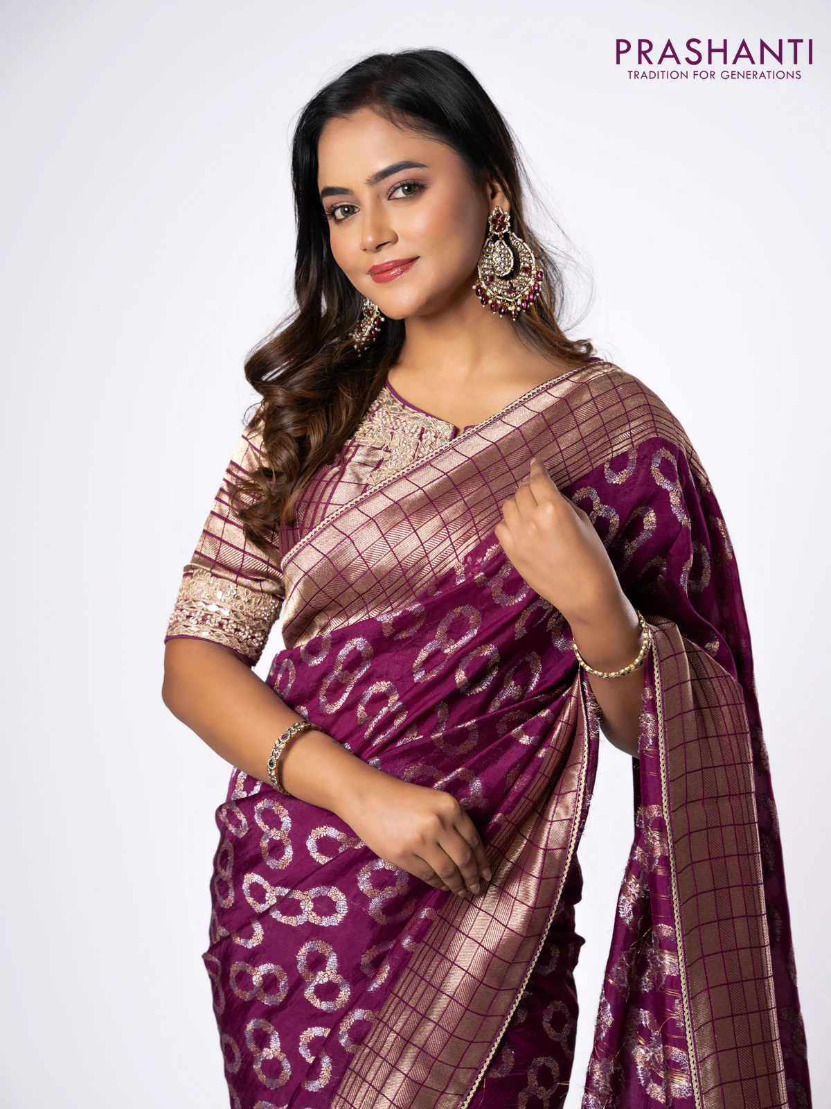 Banarasi munga silk saree purple with allover silver & gold zari weaves and zari woven lace border - Image 4