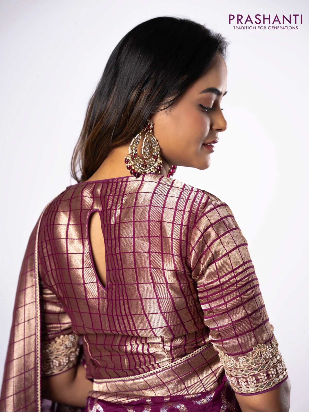 Banarasi munga silk saree purple with allover silver & gold zari weaves and zari woven lace border - Image 5