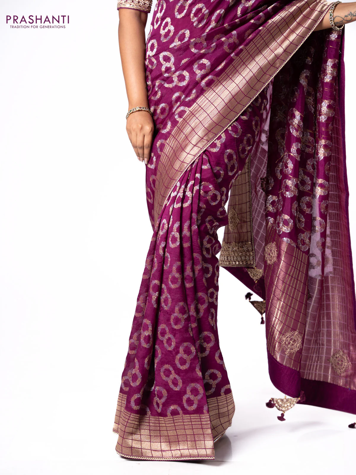 Banarasi munga silk saree purple with allover silver & gold zari weaves and zari woven lace border - Image 6
