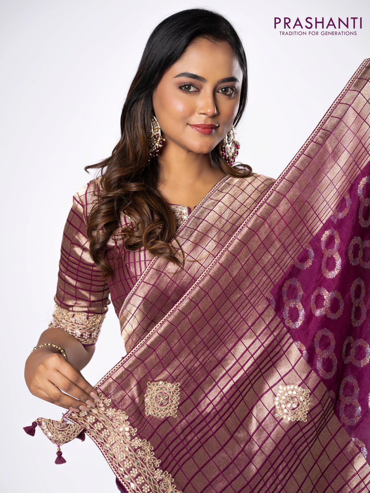 Banarasi munga silk saree purple with allover silver & gold zari weaves and zari woven lace border - Image 7