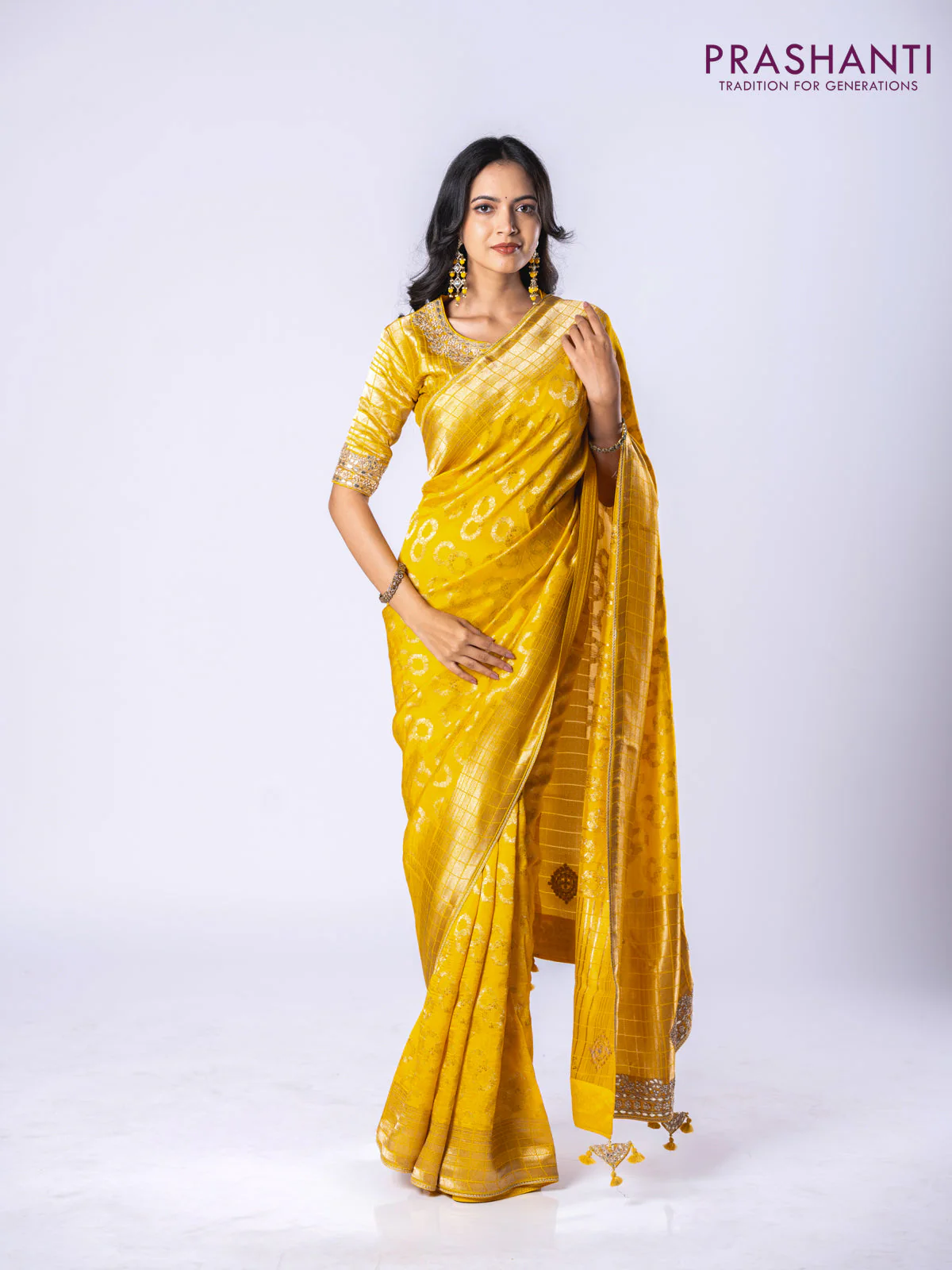 Banarasi munga silk saree yellow with allover silver & gold zari weaves and zari woven lace border - Image 2