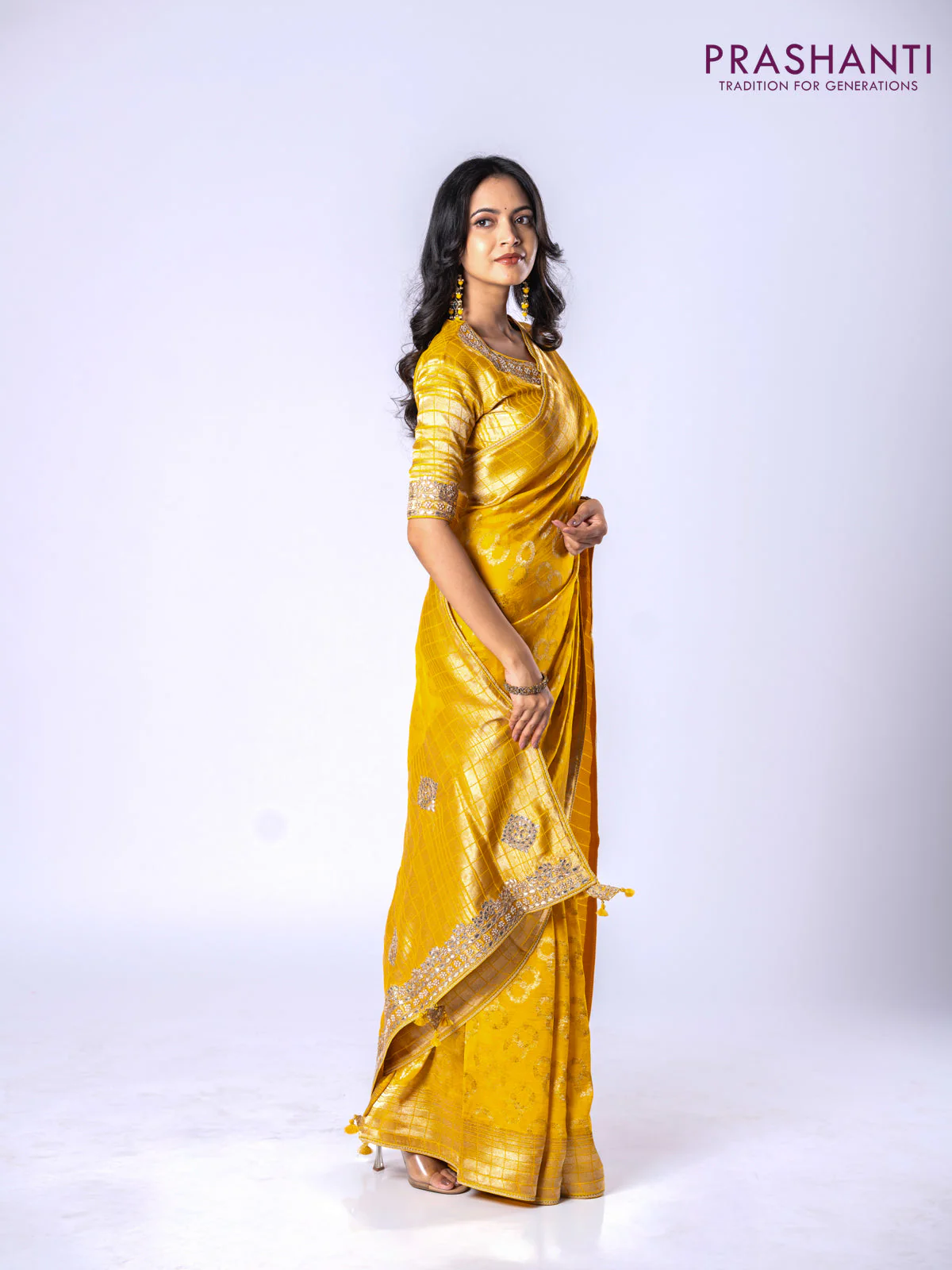 Banarasi munga silk saree yellow with allover silver & gold zari weaves and zari woven lace border - Image 3