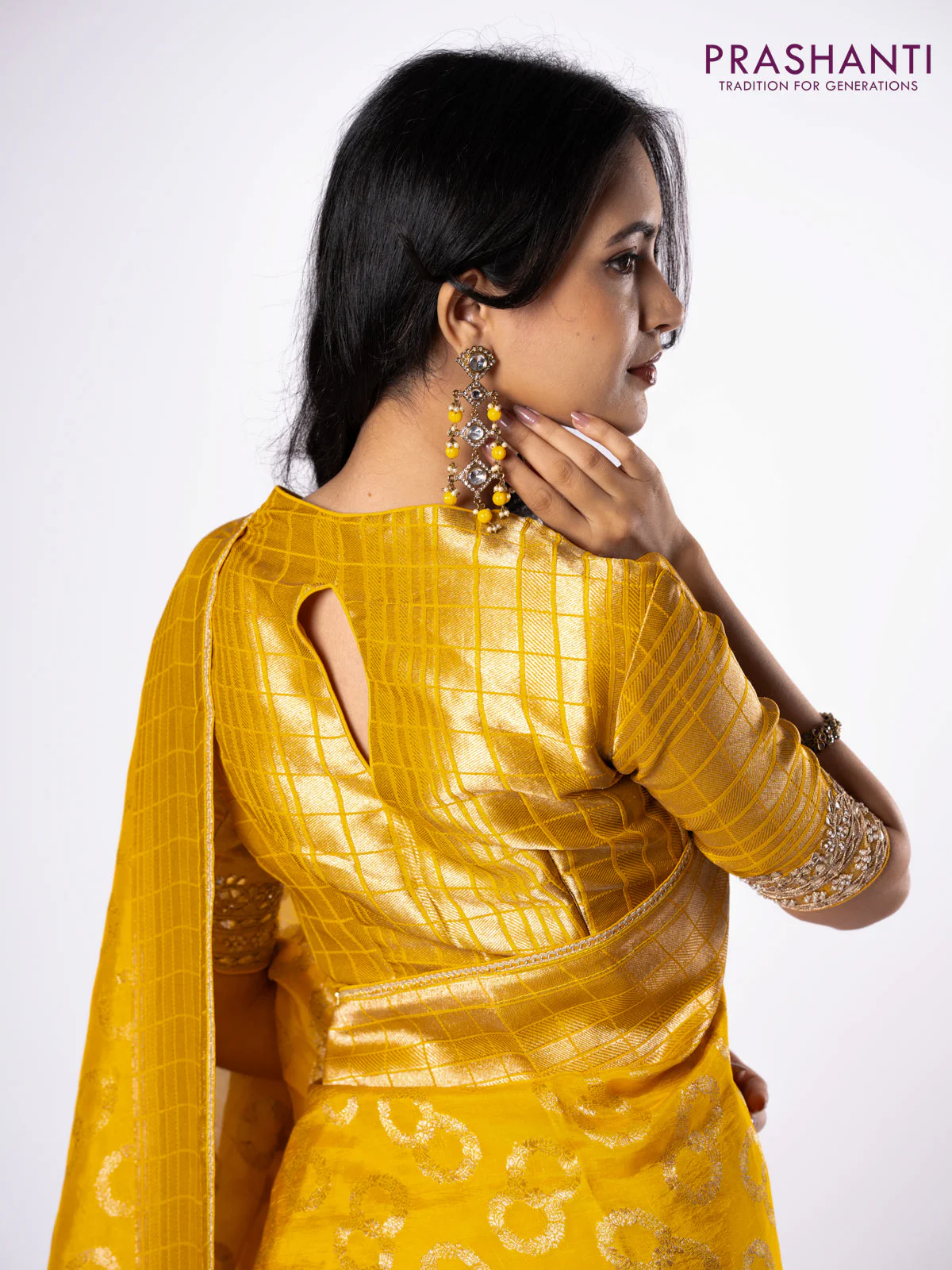 Banarasi munga silk saree yellow with allover silver & gold zari weaves and zari woven lace border - Image 5