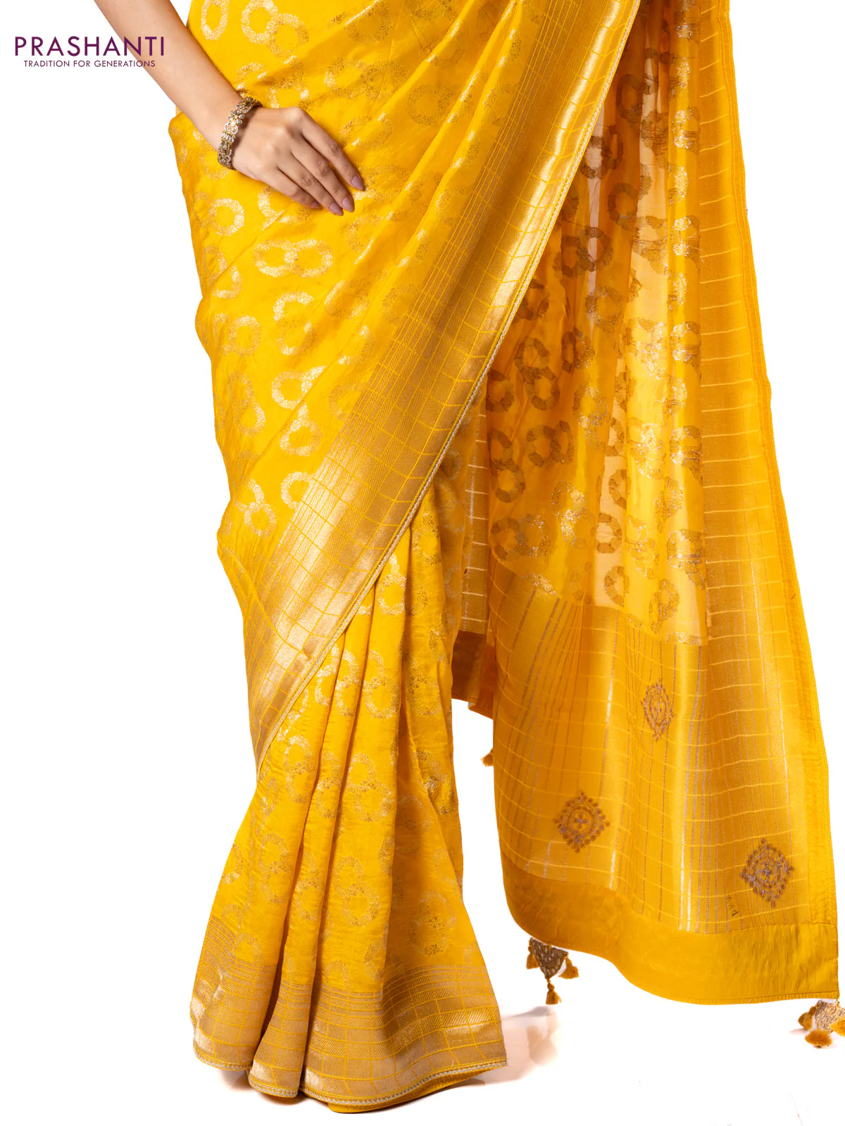 Banarasi munga silk saree yellow with allover silver & gold zari weaves and zari woven lace border - Image 6