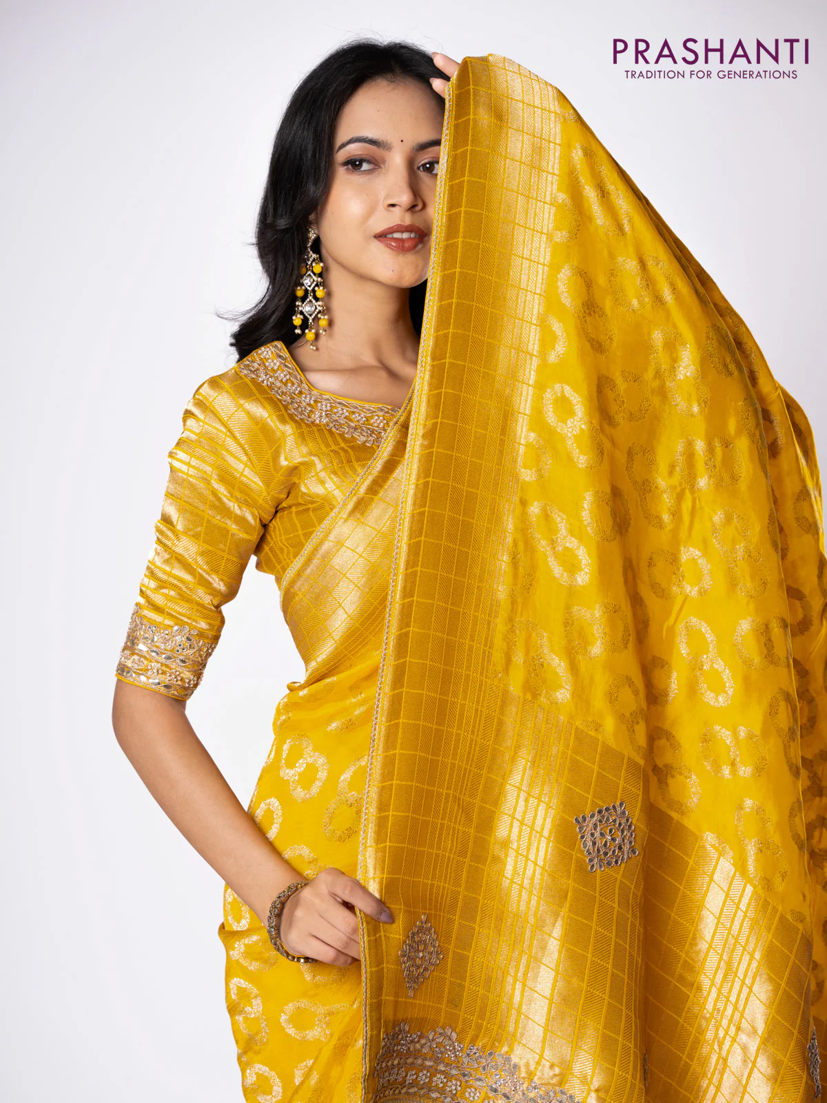 Banarasi munga silk saree yellow with allover silver & gold zari weaves and zari woven lace border - Image 7