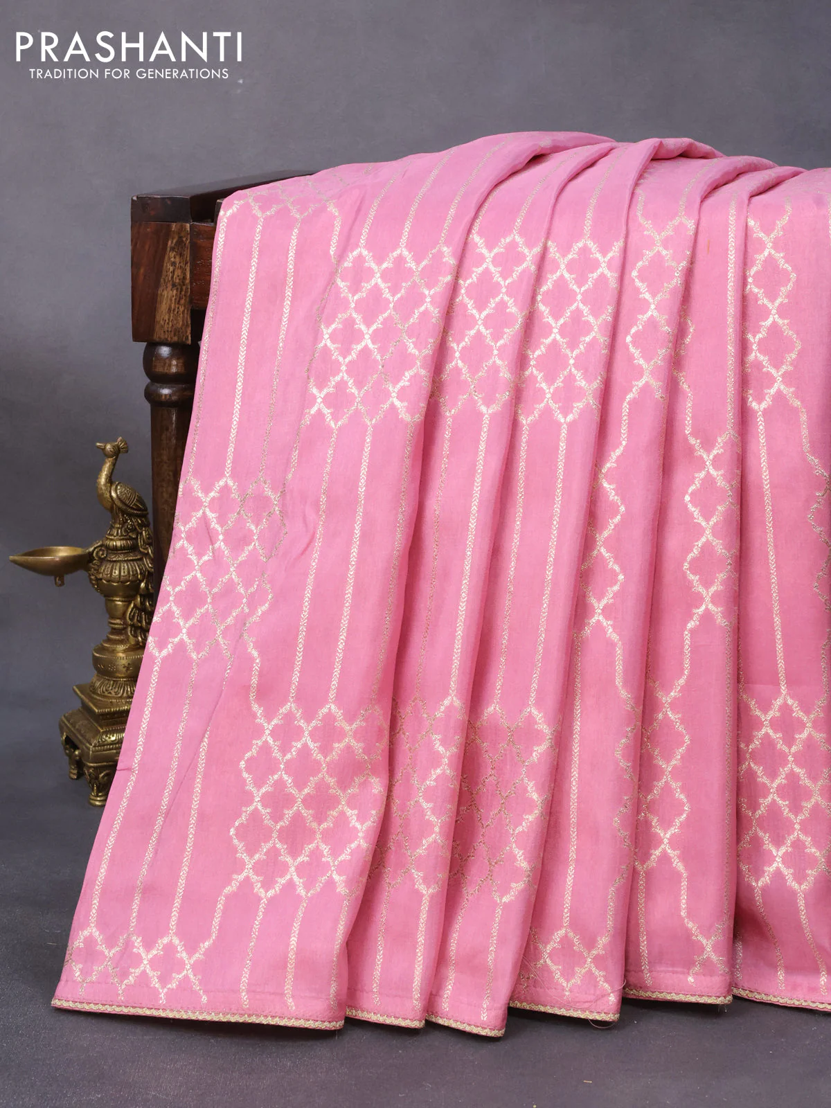 Banarasi munga tussar saree light pink with allover zari woven geometric weaves and lace work border & embroidered readymade blouse - Image 2