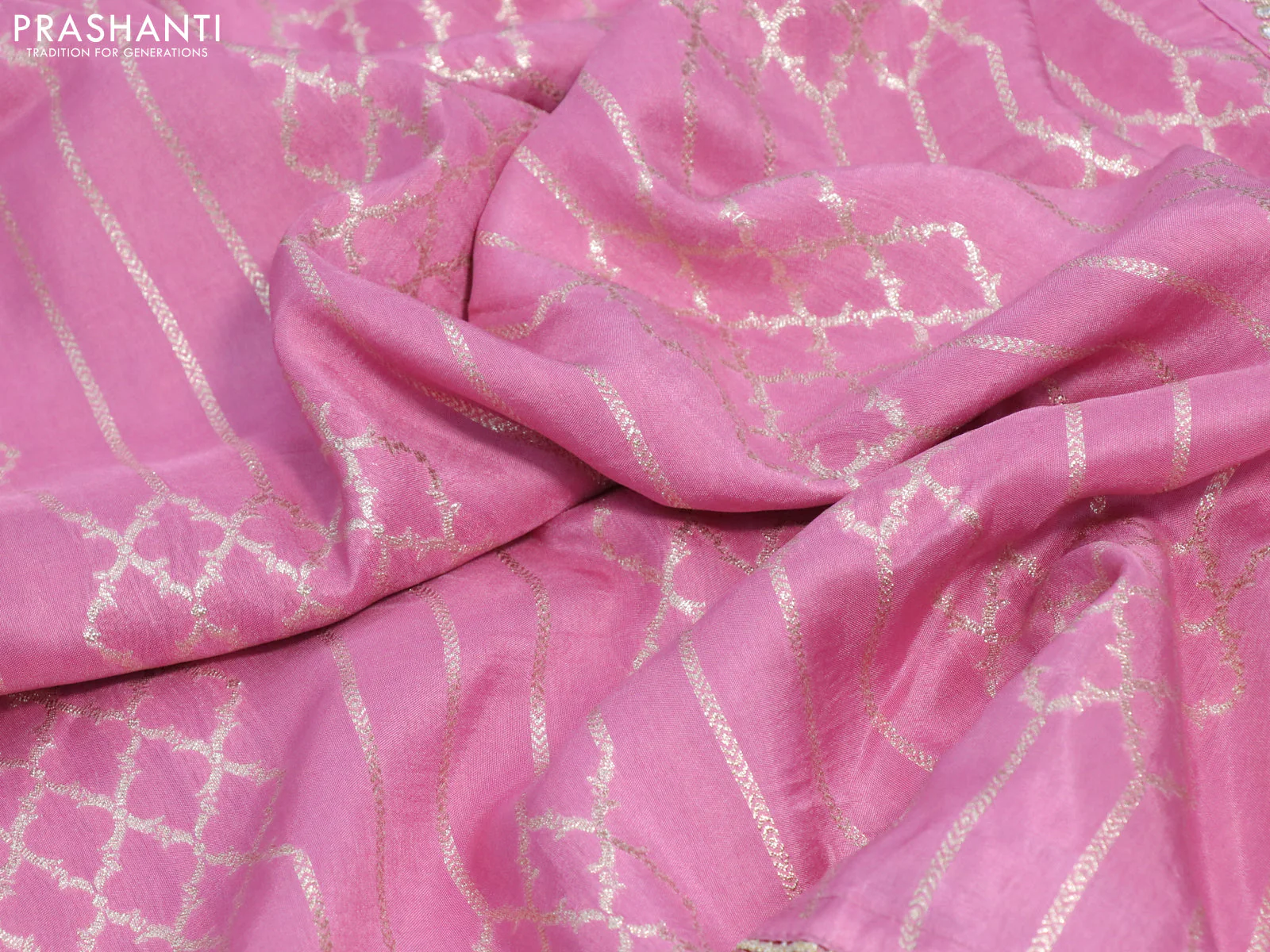 Banarasi munga tussar saree light pink with allover zari woven geometric weaves and lace work border & embroidered readymade blouse - Image 3