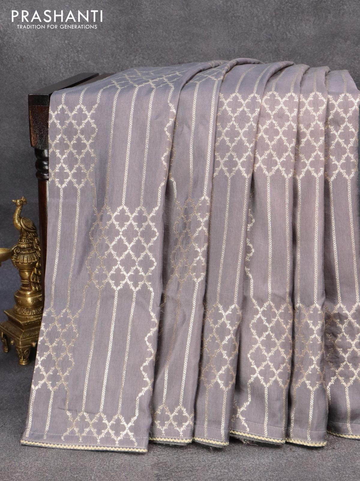 Banarasi munga tussar silk saree grey with allover zari weaves and lace work border - Image 3