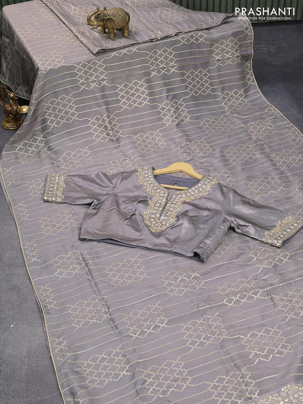 Banarasi munga tussar silk saree grey with allover zari weaves and lace work border - Image 4