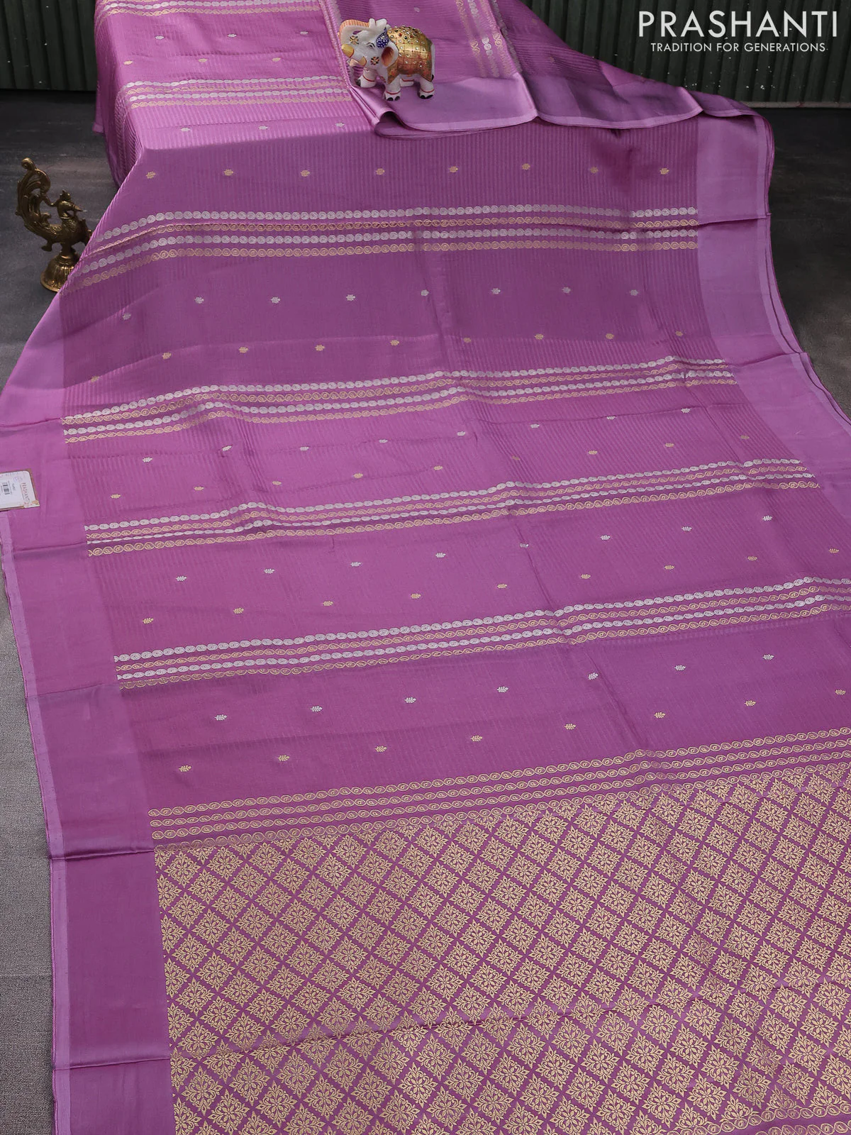 Banarasi mushru silk saree lavender with allover stripes pattern & zari weaves and satin border - Image 2