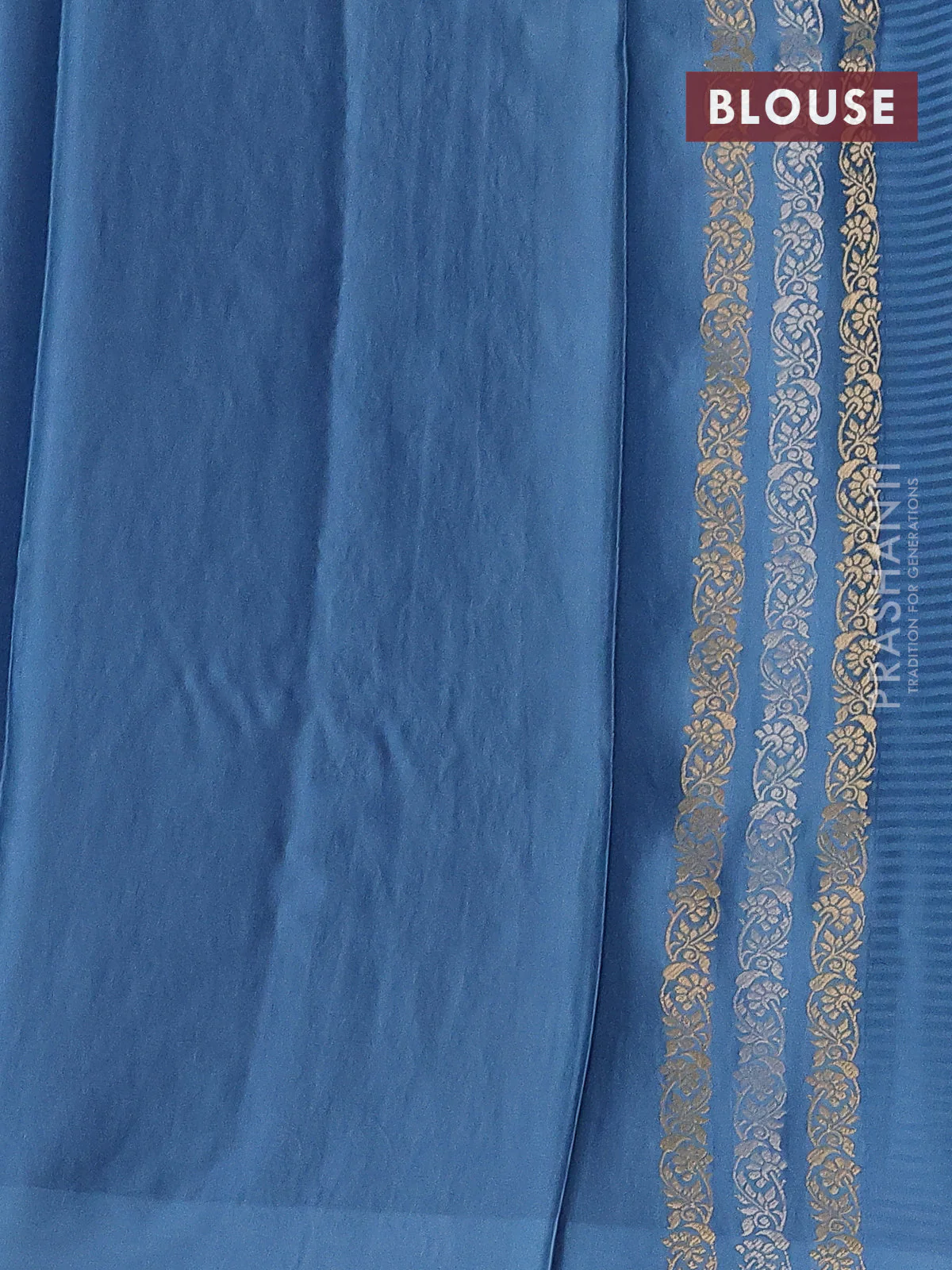 Banarasi mushru silk saree light blue with allover stripes pattern & zari buttas and satin border - Image 3