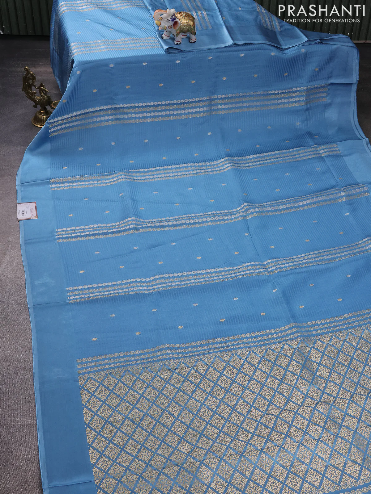 Banarasi mushru silk saree light blue with allover stripes pattern & zari weaves and satin border - Image 2