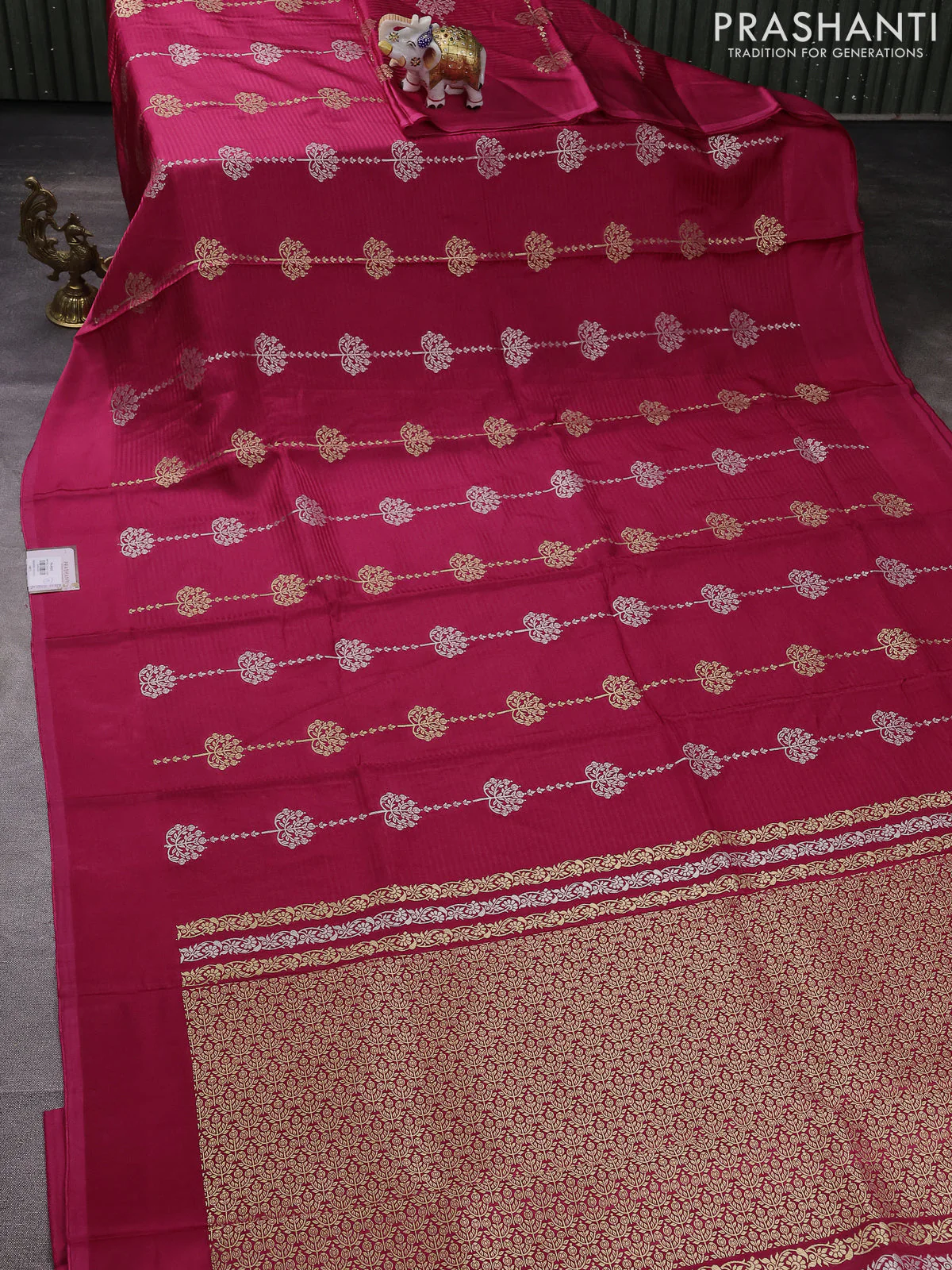 Banarasi mushru silk saree pink with allover stripes pattern & zari buttas and satin border - Image 2