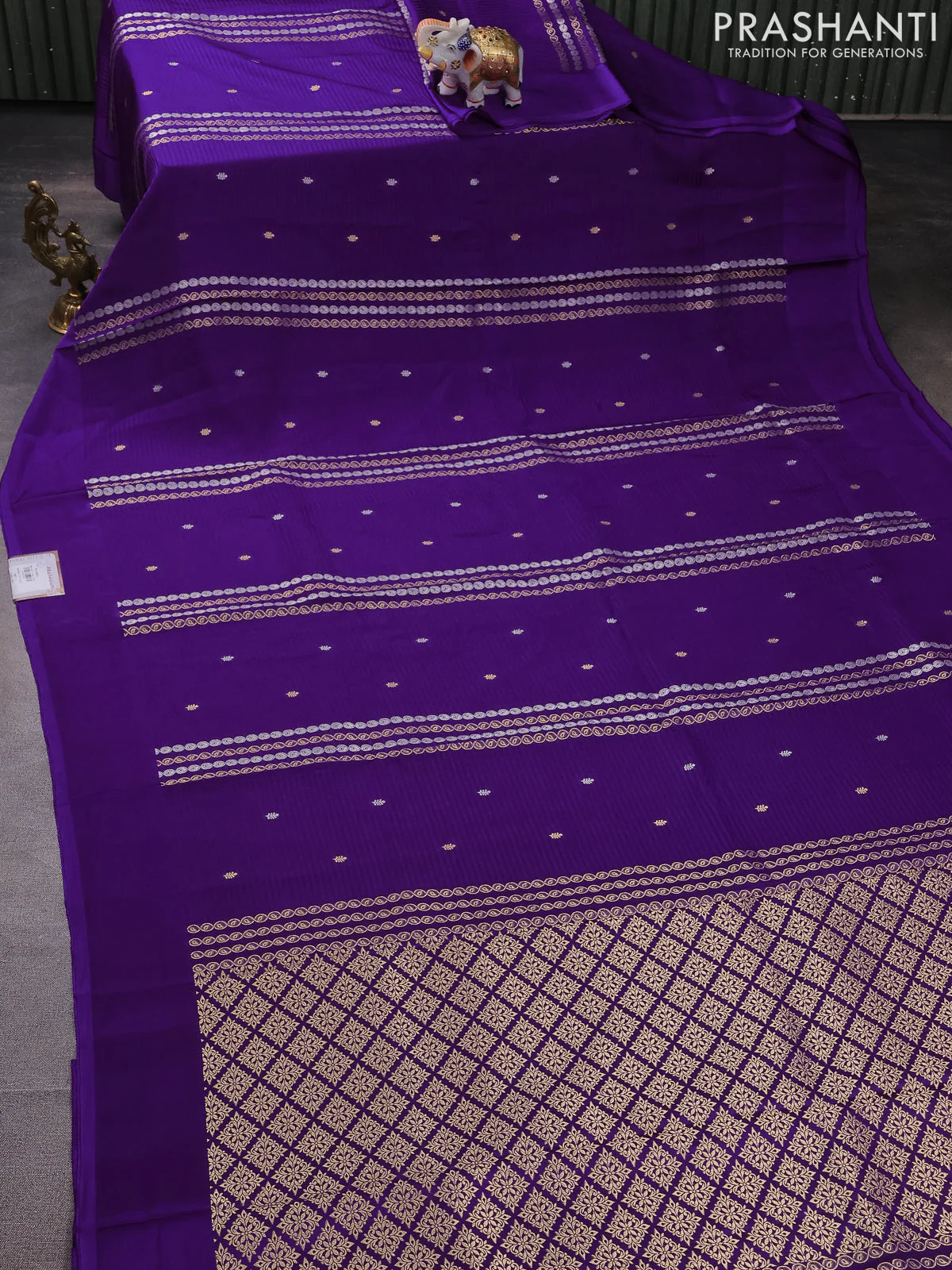 Banarasi mushru silk saree violet with allover stripes pattern & zari weaves and satin border - Image 2