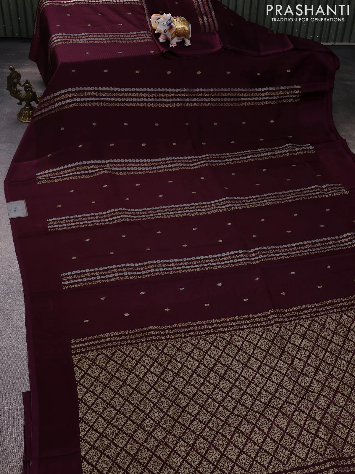 Banarasi mushru silk saree wine shade with allover stripes pattern & zari weaves and satin border - Image 2