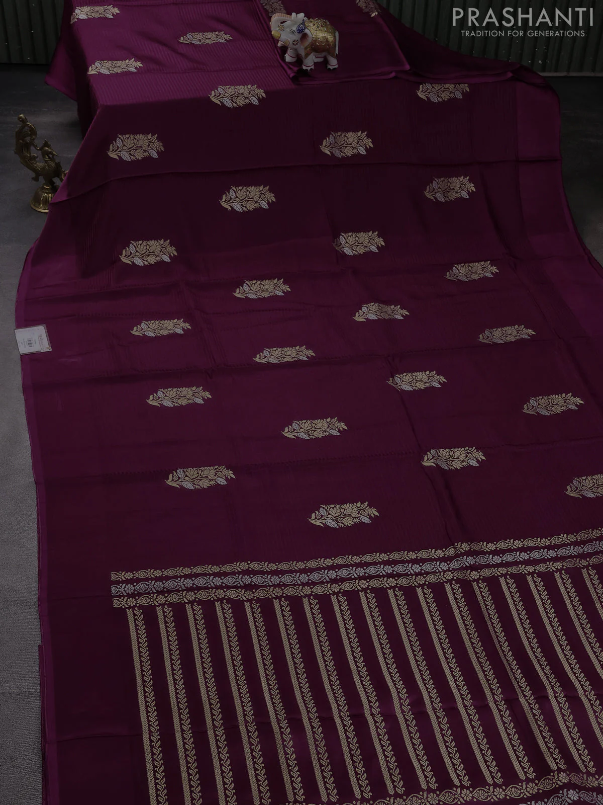 Banarasi mushru silk saree wine shade with allover stripes pattern & zari weaves and satin border - Image 2