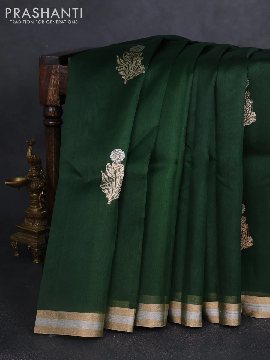 Banarasi organza silk saree bottle green with allover floral zari woven buttas and zari woven border