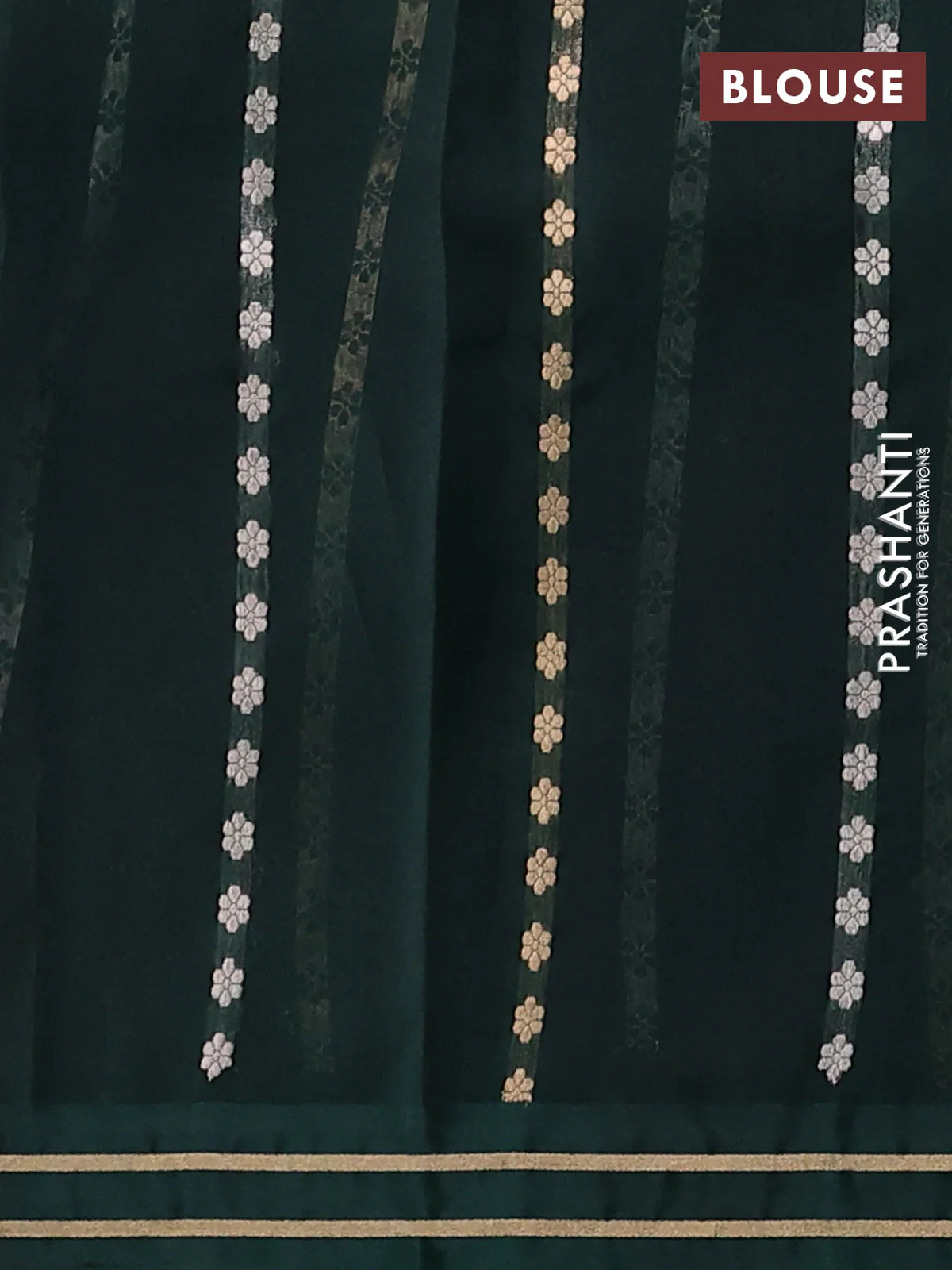 Banarasi organza silk saree bottle green with allover zari woven buttas and zari woven border - Image 3