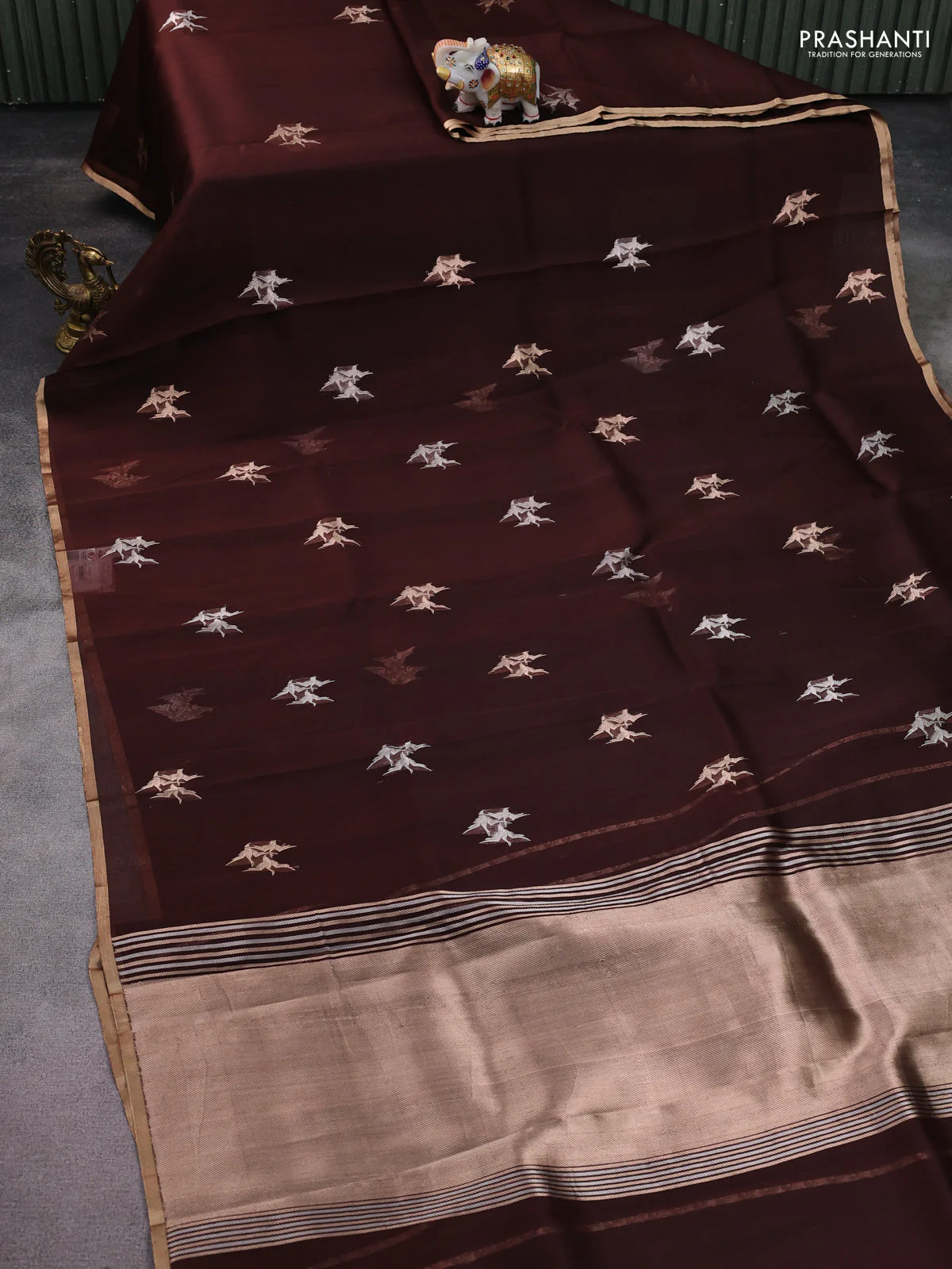 Banarasi organza silk saree coffee brown with silver & gold zari woven buttas and zari woven piping border - Image 2
