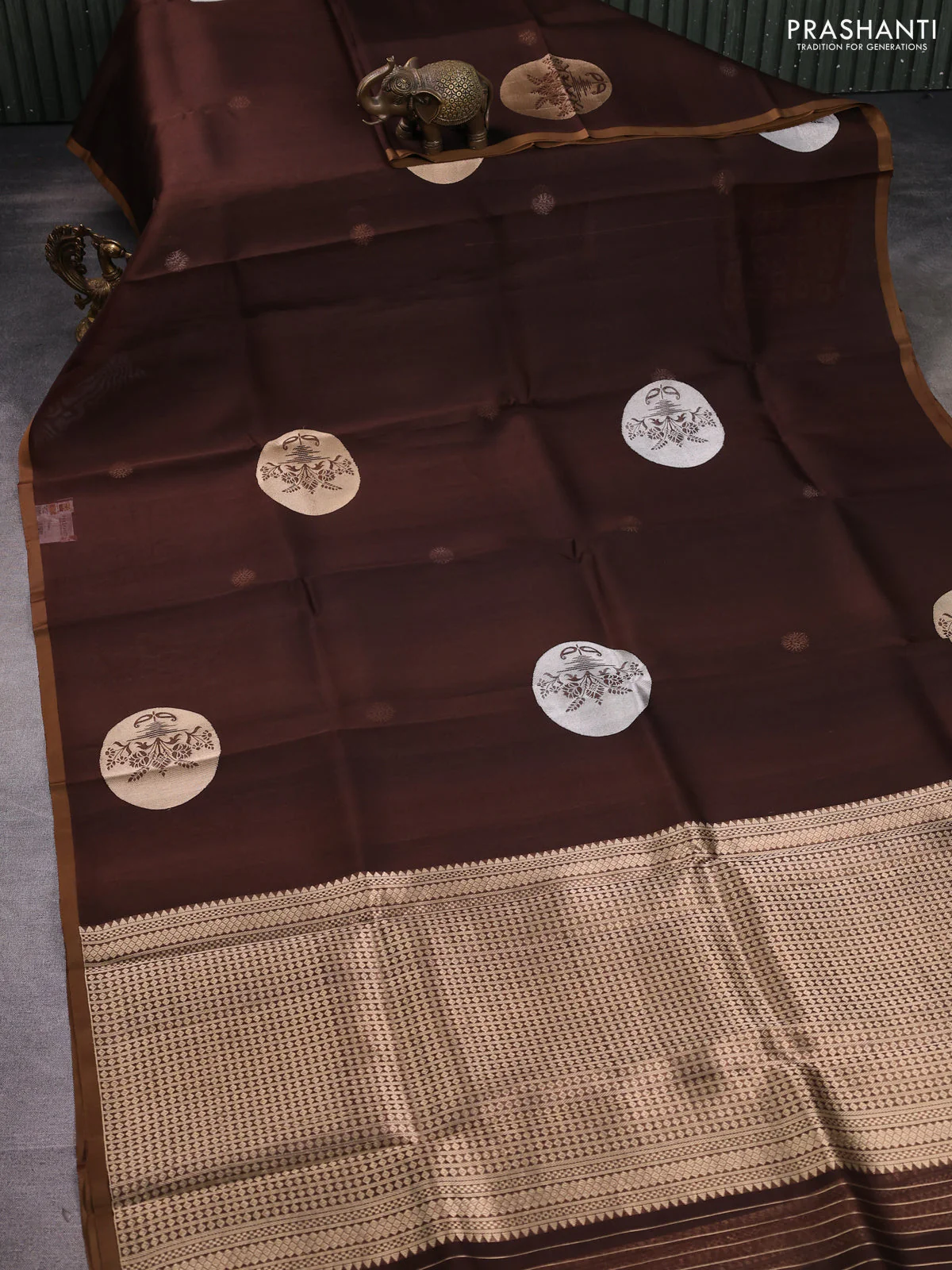 Banarasi organza silk saree coffee brown with zari woven buttas and piping border - Image 2