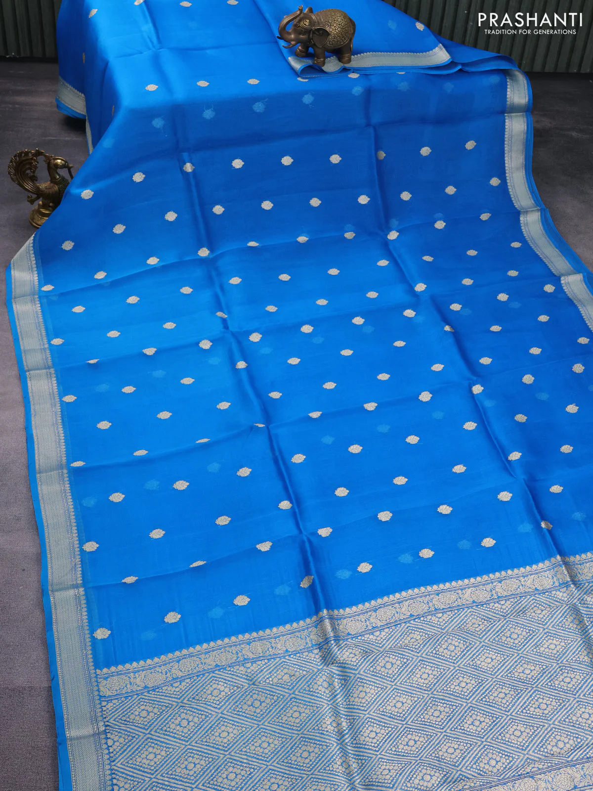 Banarasi organza silk saree cs blue with thread & zari woven buttas and thread & zari woven border - Image 2